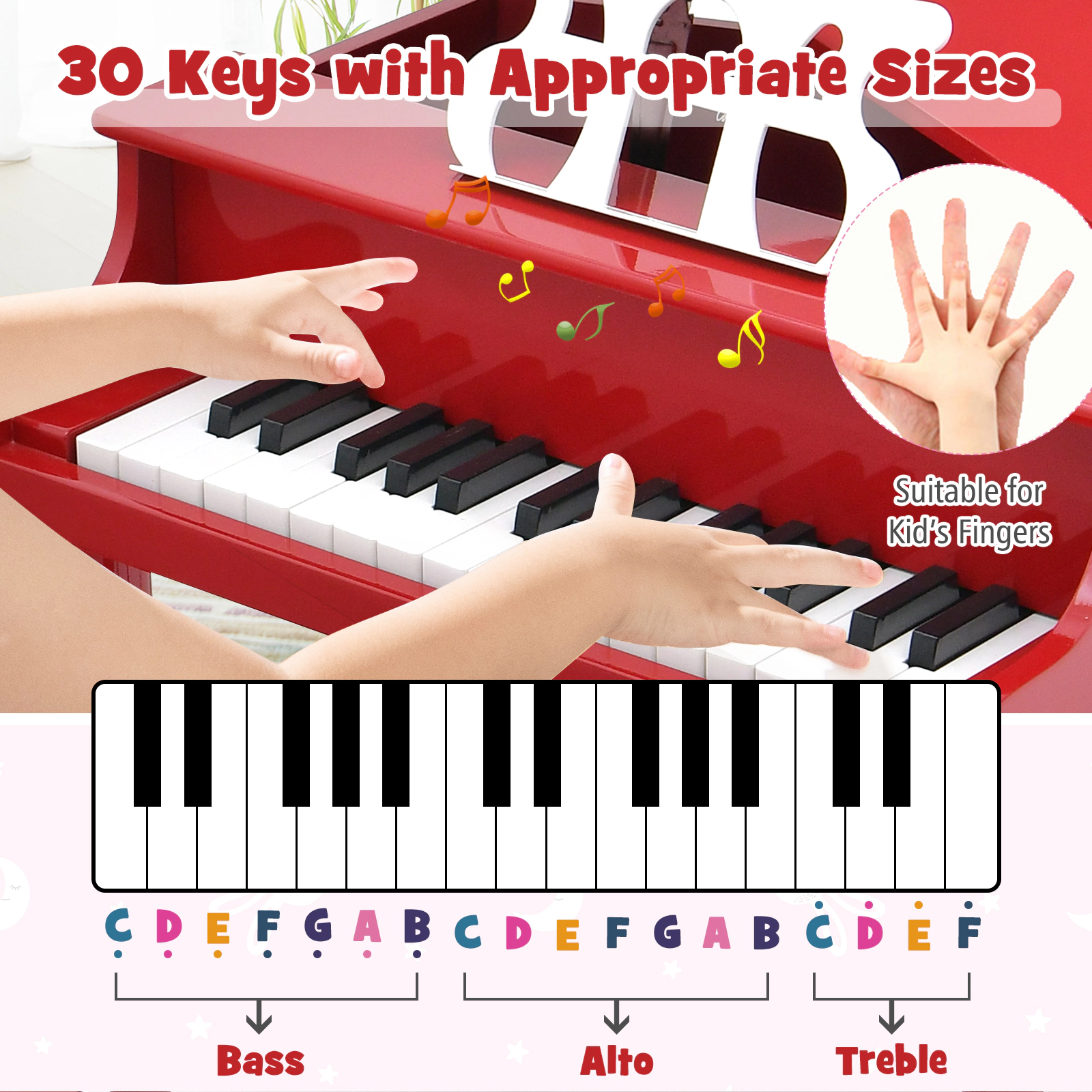 SUGIFT Kids Red 30-Key Wooden Toy Grand Piano with Bench and Music Rack 20-in W 19-in D 19-in H Ages 3-8