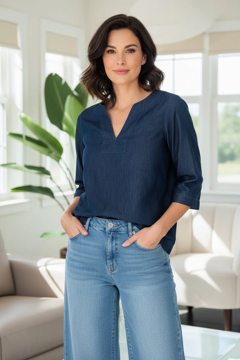 DressAtR Women's Navy Blue Denim V Neck Three Fourth Sleeve Blouse