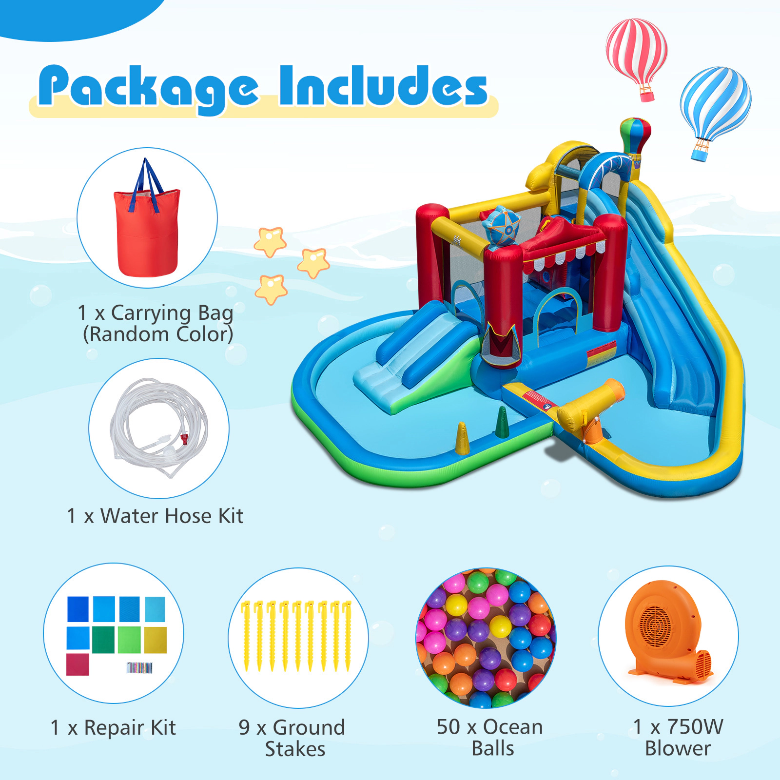 SUGIFT Kids Multicolor Water Slide Park with Splash Pool Ball Pit and 750W Blower 188-in W 200-lb Total Capacity