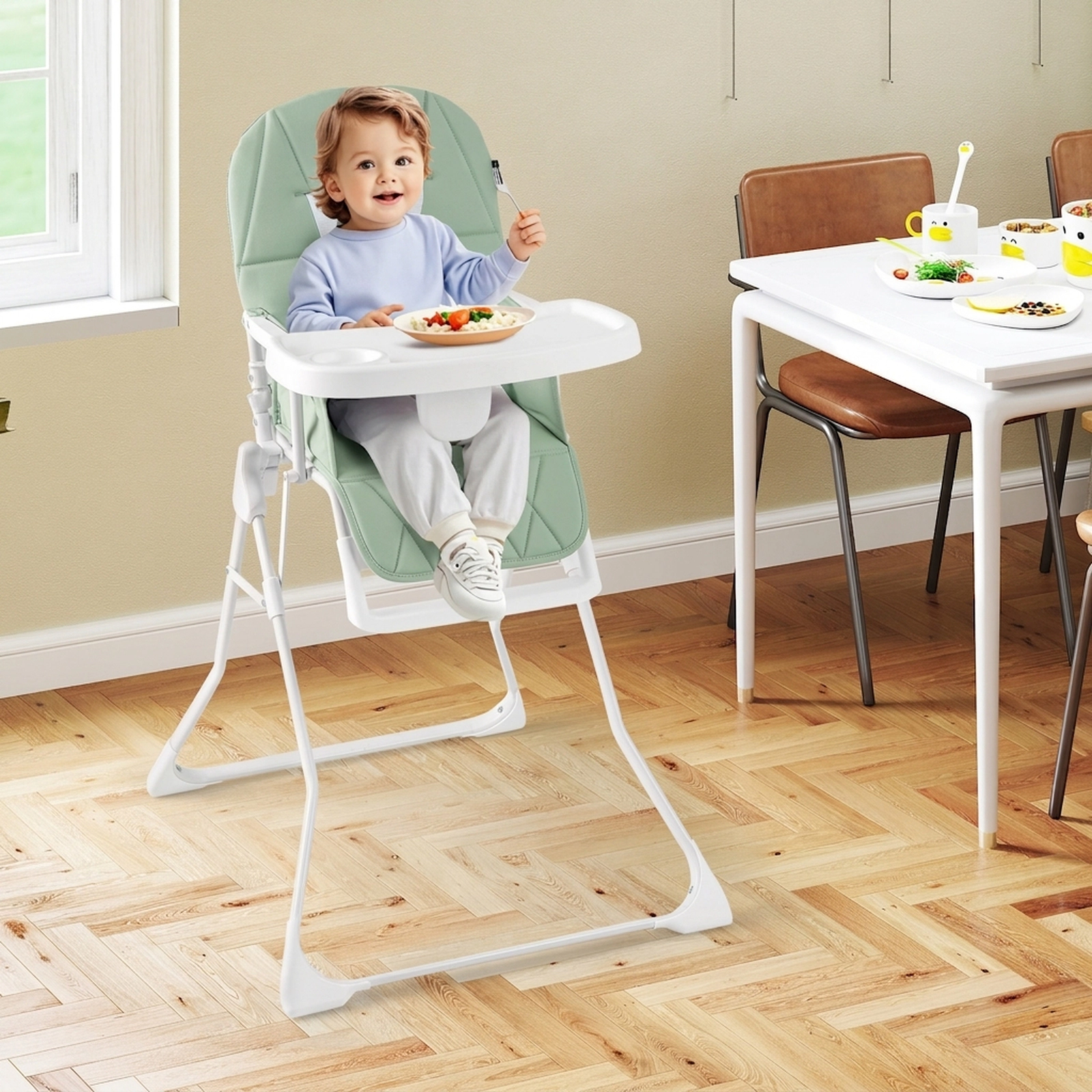 Easy-Clean Compact Folding Baby High Chair Quick-Release Tray Built-In Cup Holder 3-in Flat Fold 6 to 36 Months Green