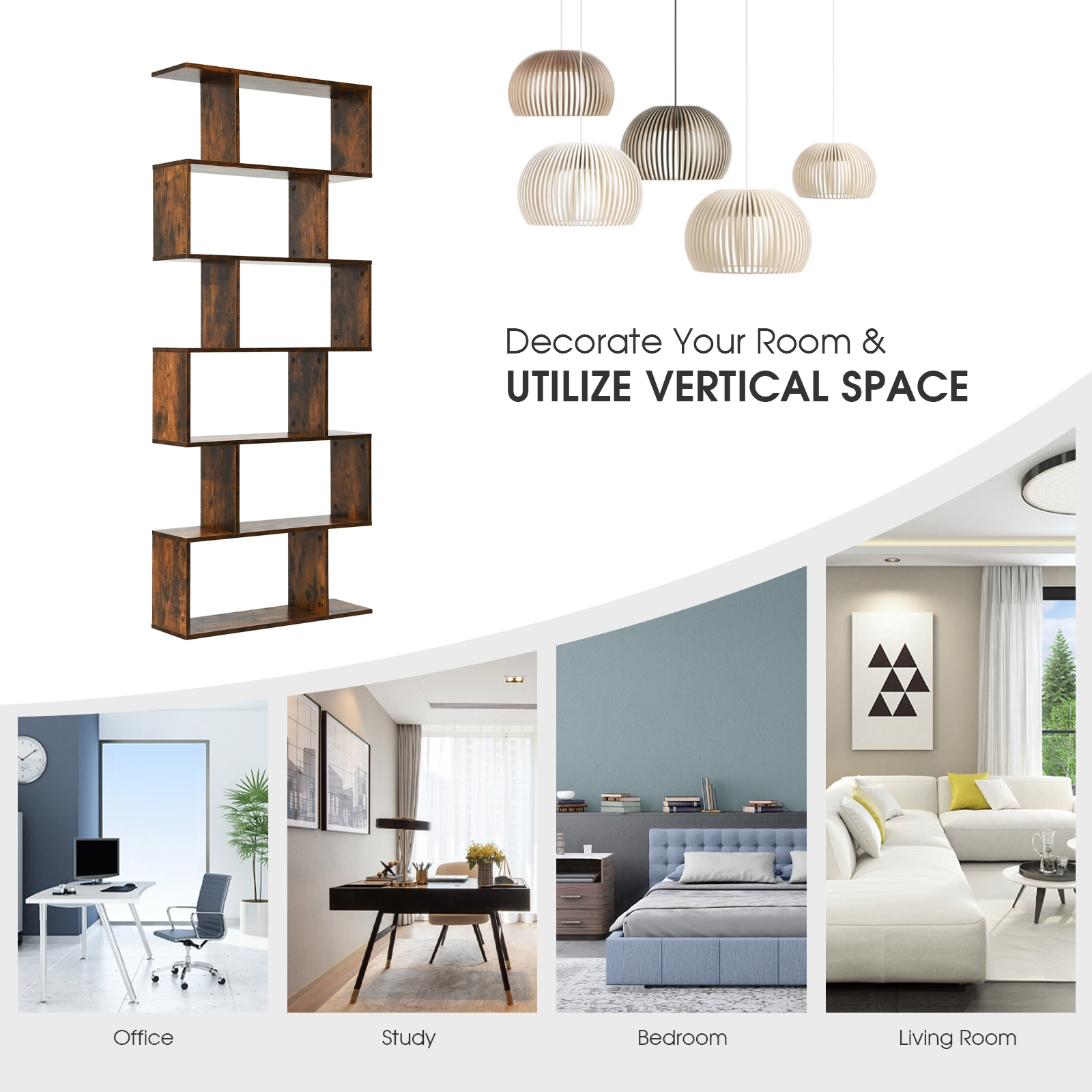 SUGIFT 6-Tier Coffee 75-in Tall S-Shaped Bookshelf Z-Shelf Storage Display Unit for Living Room