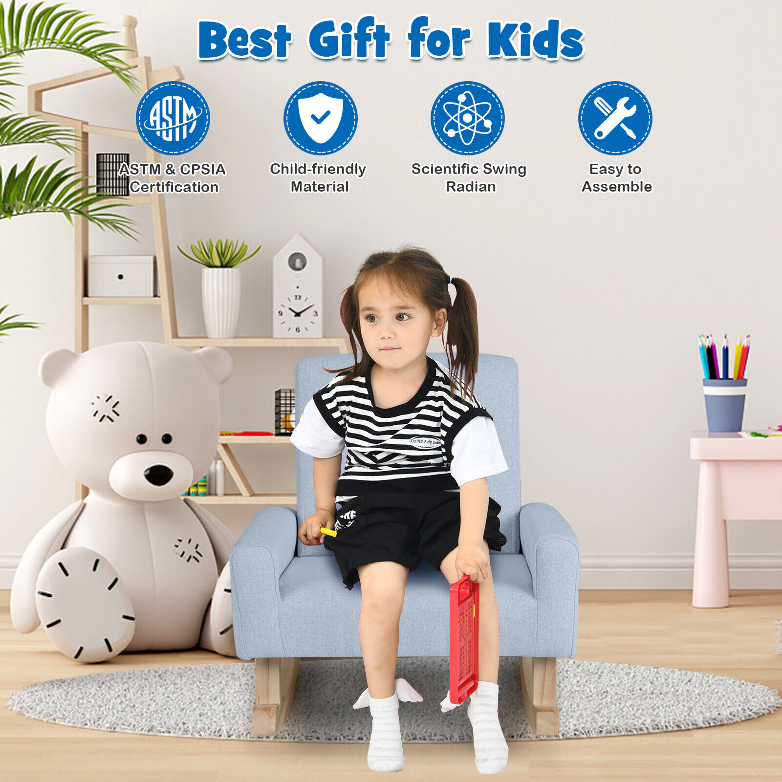SUGIFT Gentle Rocking Kids Upholstered Chair with Solid Wood Legs 110-lb Capacity Ages 3-5 Blue
