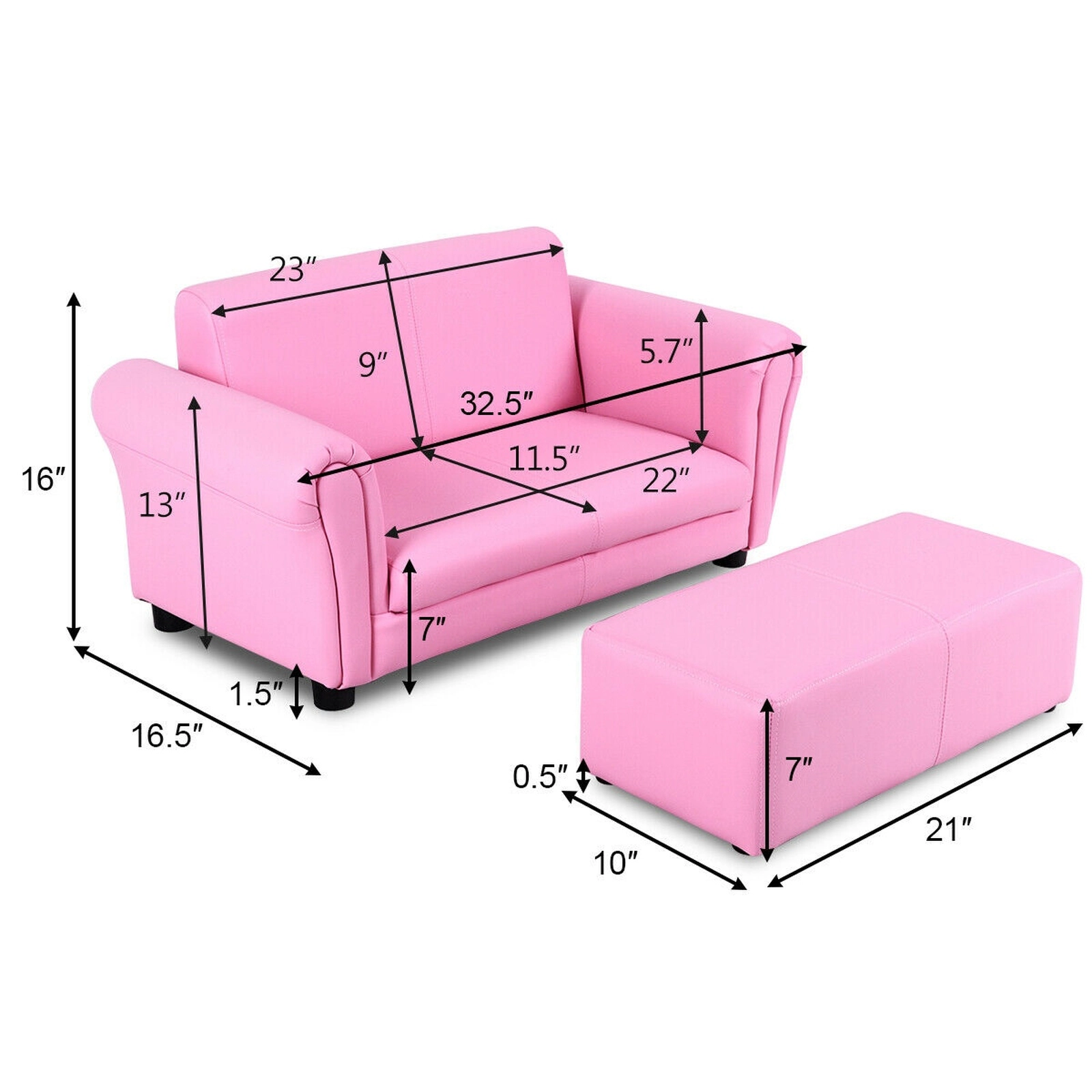 SUGIFT Kids Double Sofa Pink with Matching Ottoman and Wood Frame