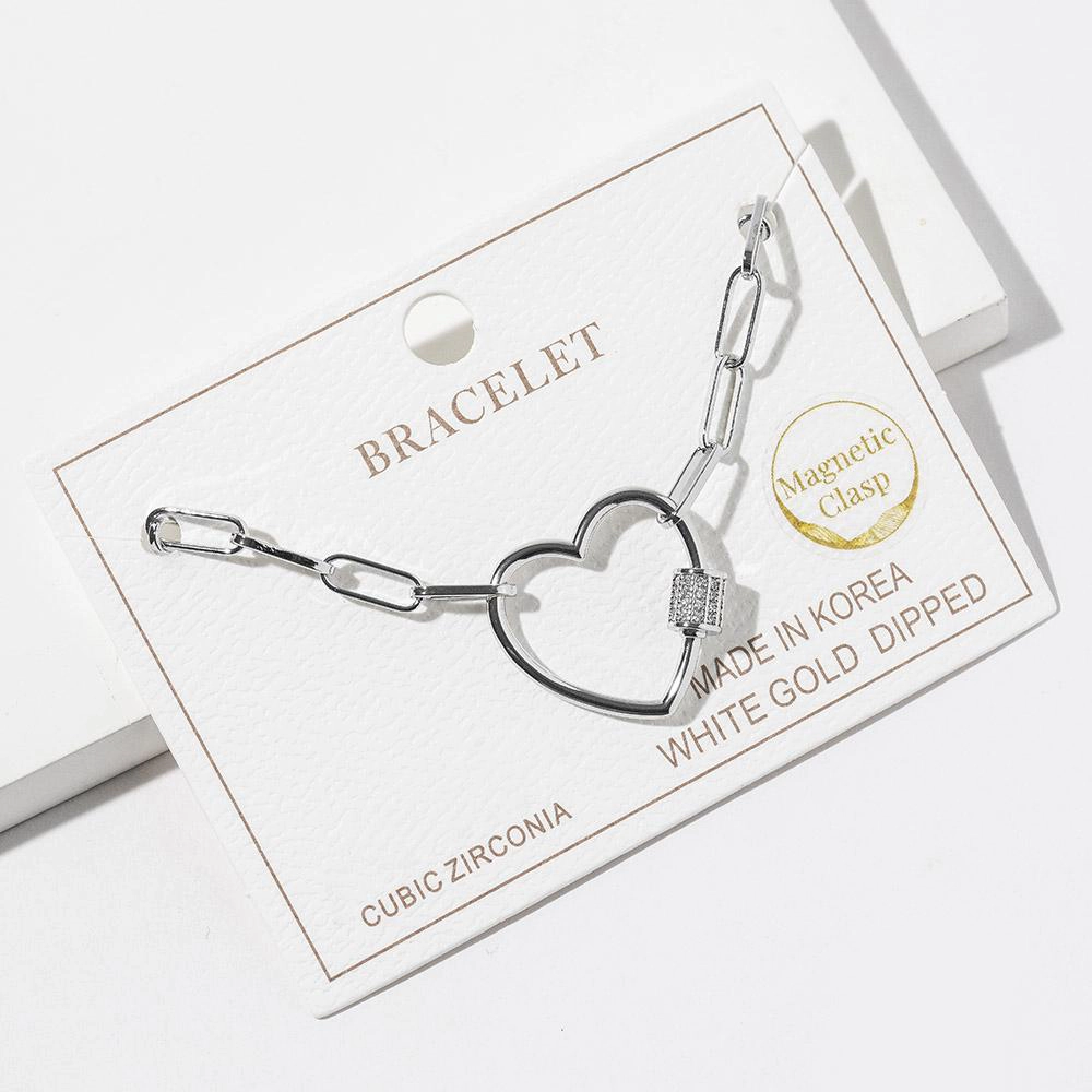 FASHNZFAB White Gold Dipped CZ Stone Paved Open Heart Carabiner Charm Link Chain Magnetic Bracelet - Clear, Rhodium