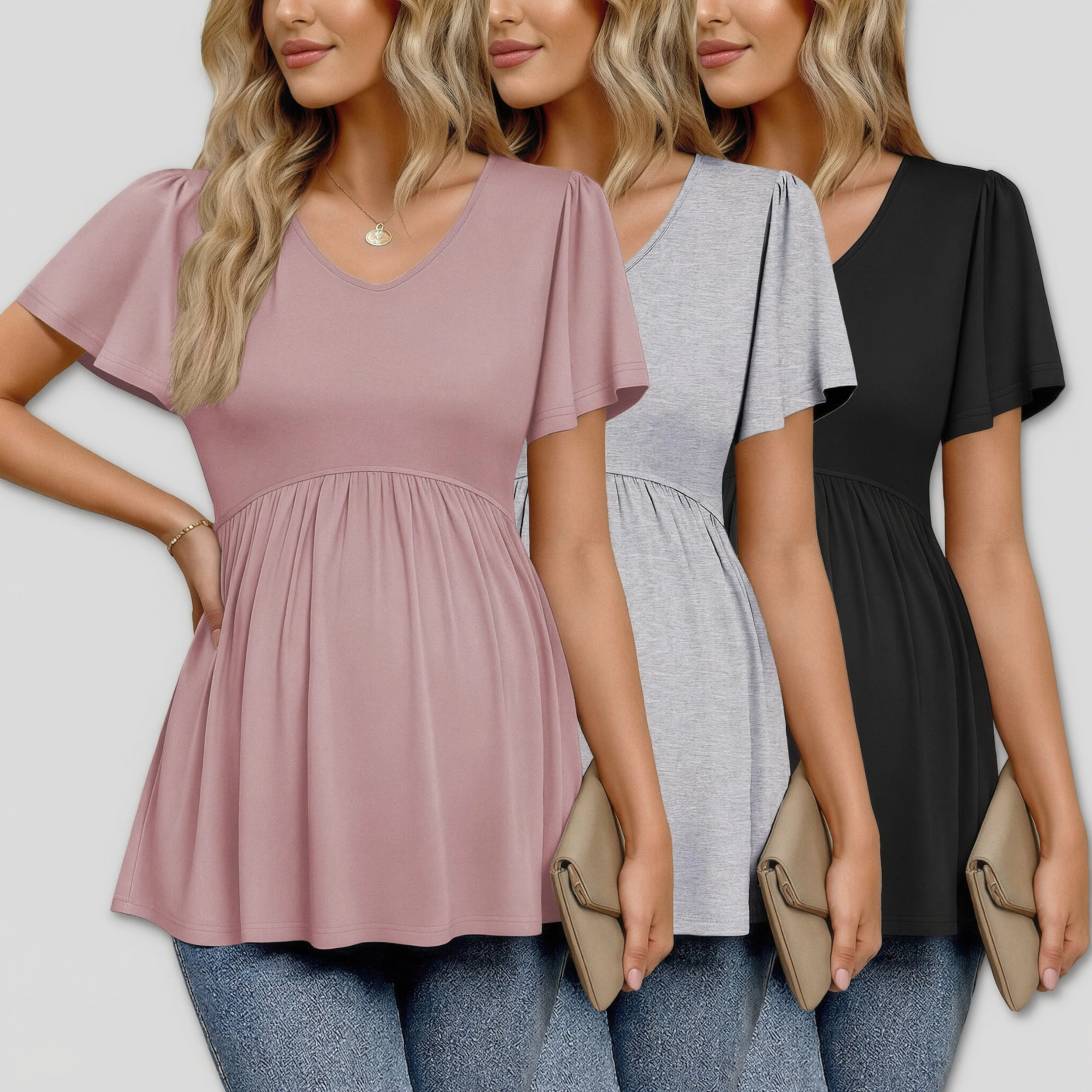 Ekouaer Women's Maternity V Neck Short Sleeve Pleated Tunic Blouse