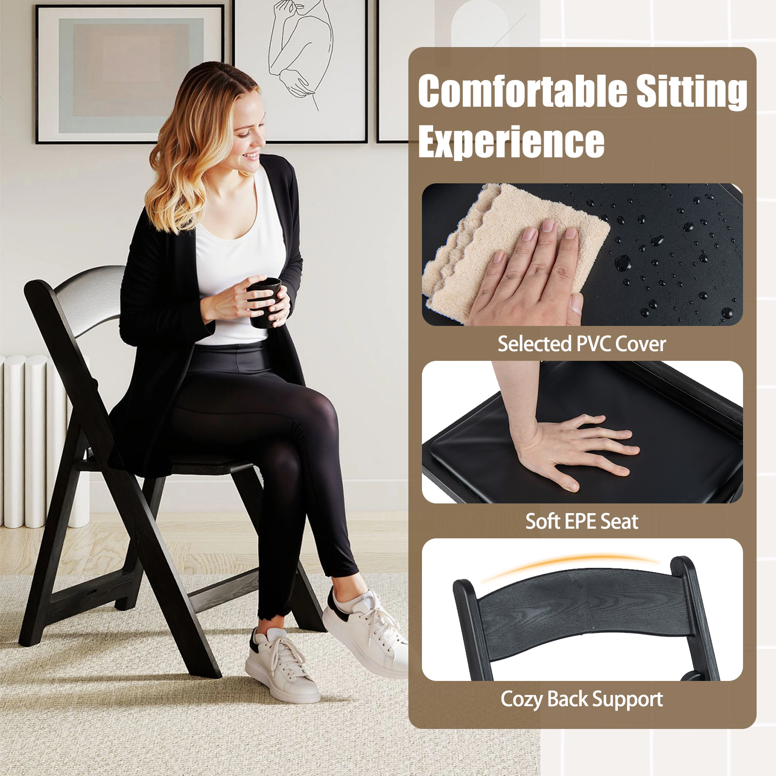 SUGIFT Portable Resin Folding Dining Chairs 1100-Lb Capacity with Padded Seat 18-in Seat Height Black 4-Pack