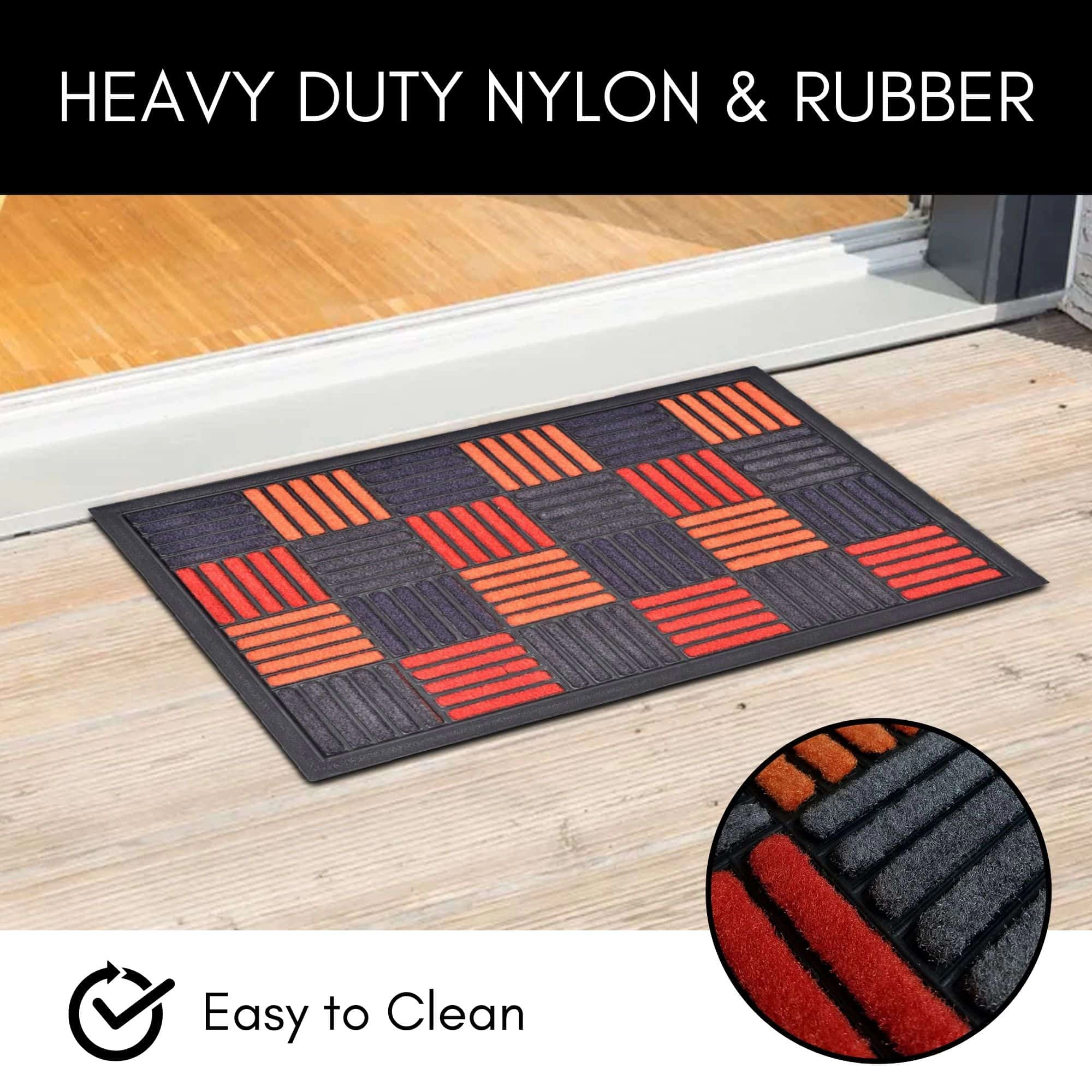 Evideco French Home Goods Orange Red Gray Caroll Checkered Nylon Doormat 24 x 16 Inches