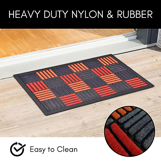 Evideco French Home Goods Orange Red Gray Caroll Checkered Nylon Doormat 24 x 16 Inches