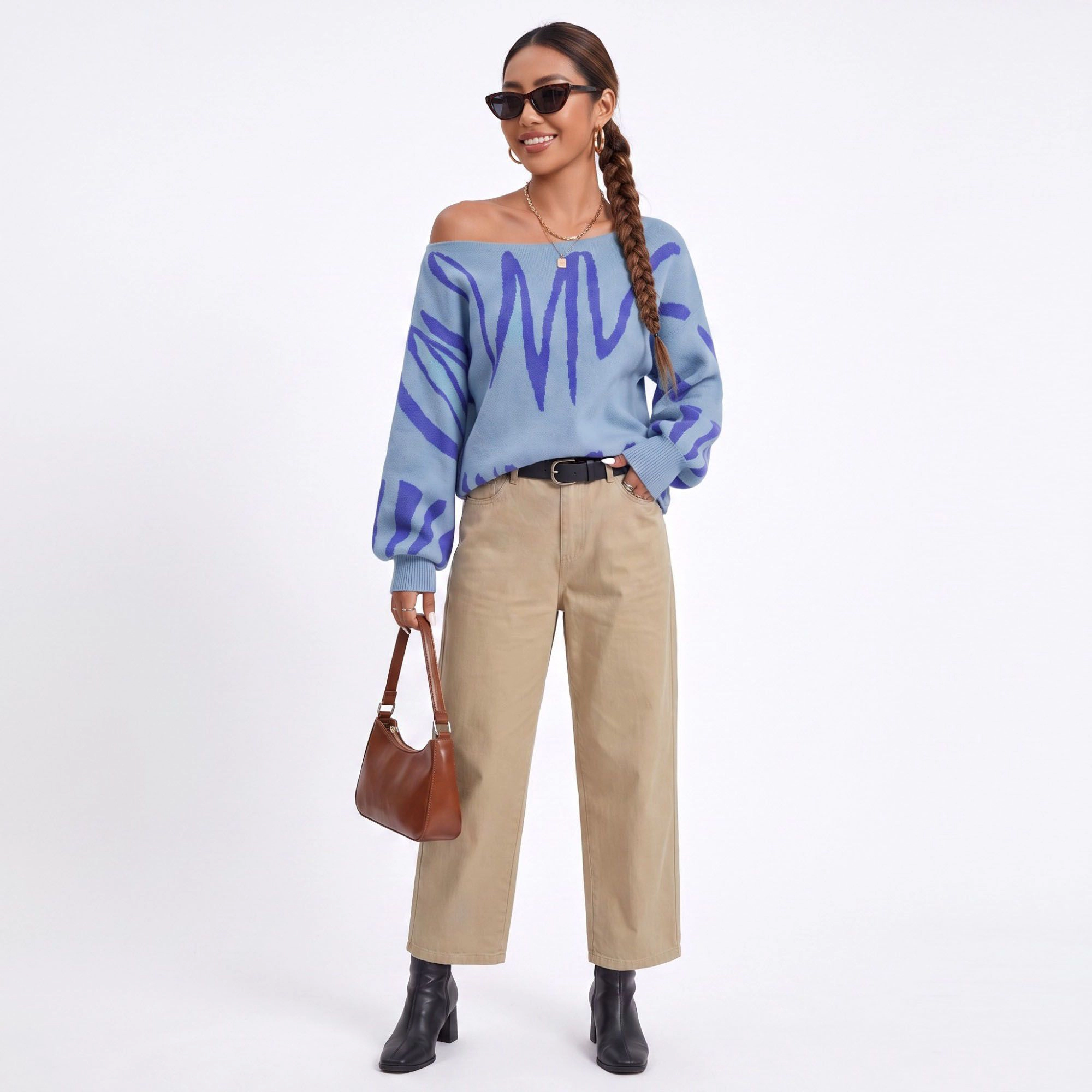 Anna-Kaci Women's Abstract Graphic Print Long Sleeve Knit Sweater
