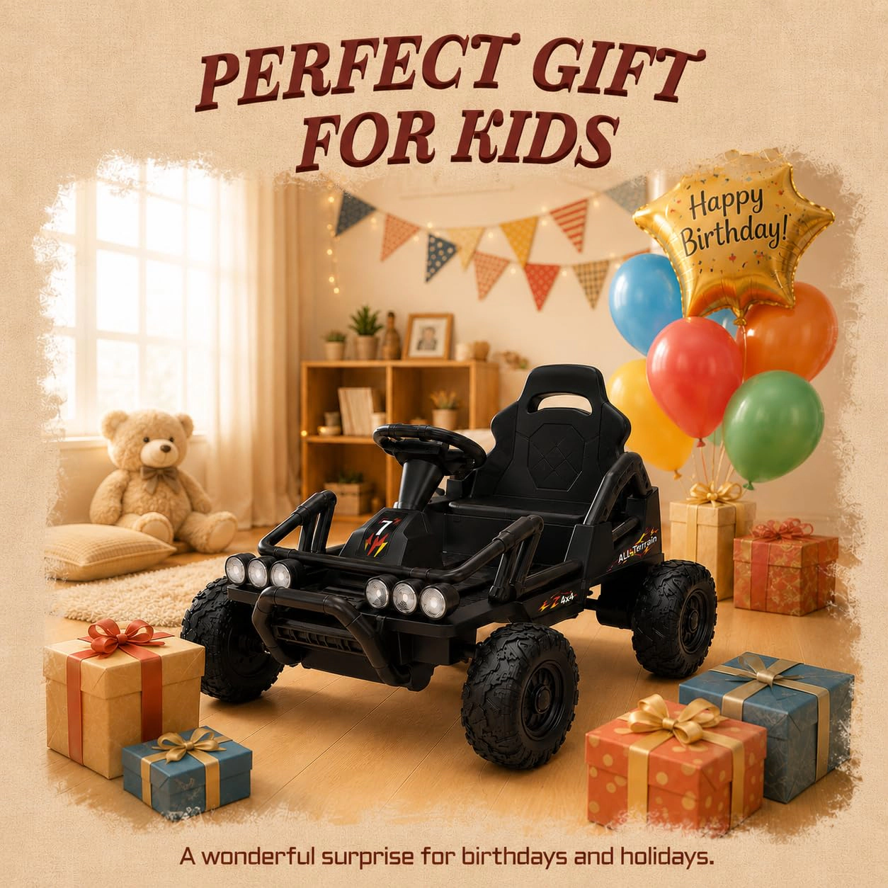 12V Kids Ride On Car with Dual Motors, Electric Vehicle Rechargeable Battery, Four Wheel Drive Toy