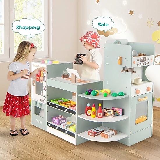 Grocery Store Playset Coffee Machine Vending Machine 30-pc Accessories 37-in Kids Pretend Supermarket Ages 3+ Green