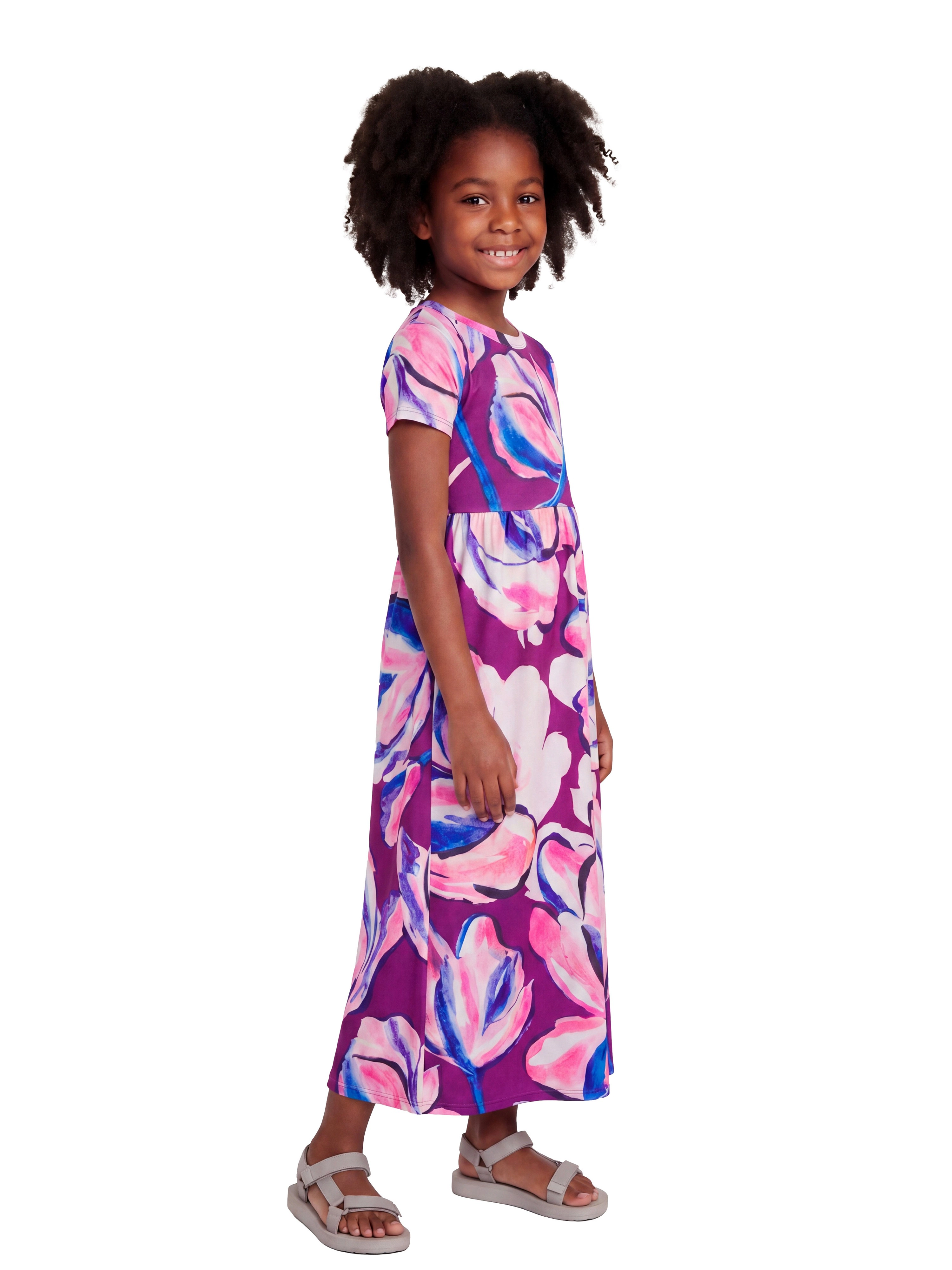 24sevenKid Essential Girls Purple Floral Print Short Sleeve Maxi Dress