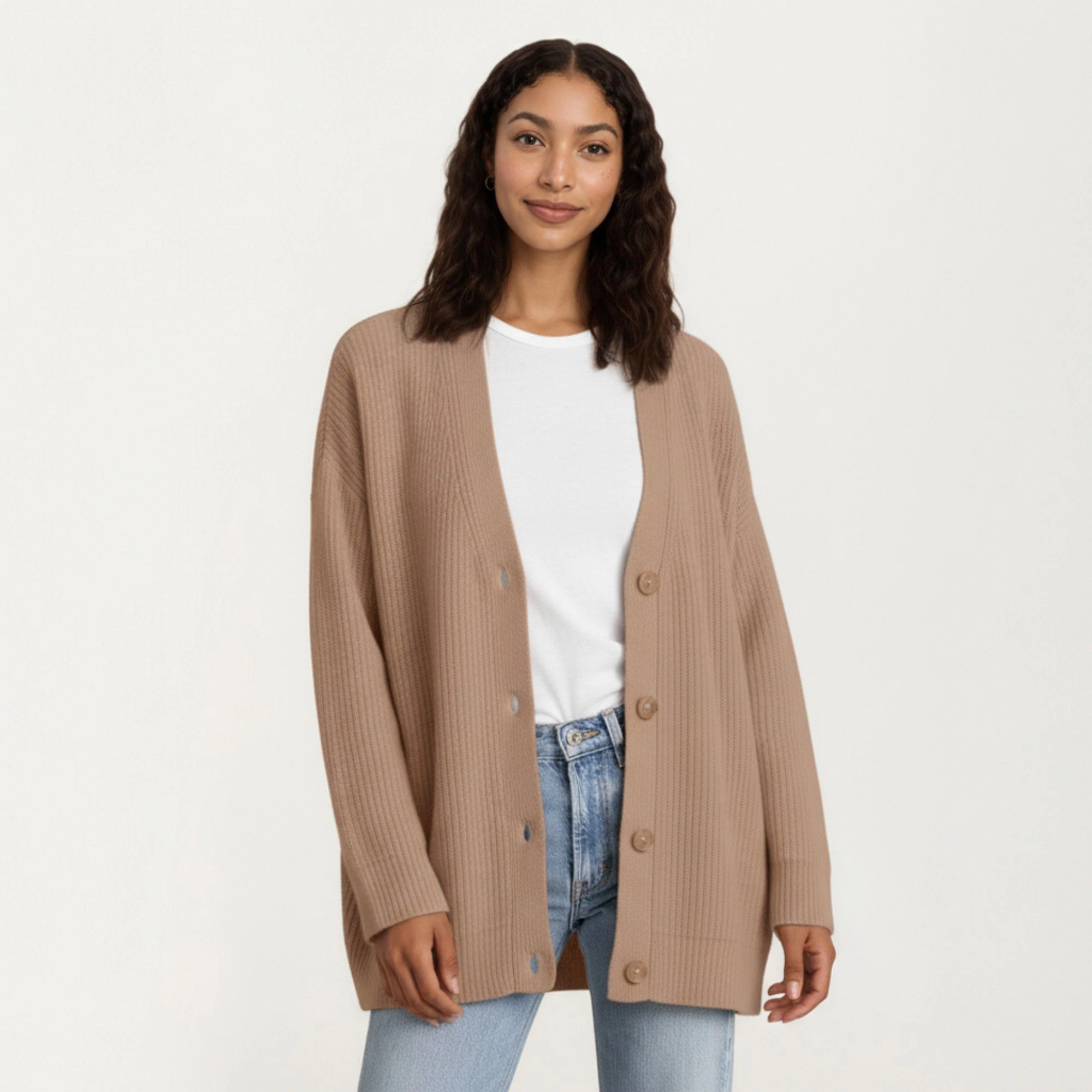 Anna-Kaci Women's Oversized Rib Knit Button Front Cardigan with Relaxed Drop-Shoulder Silhouette and Soft Textured Feel