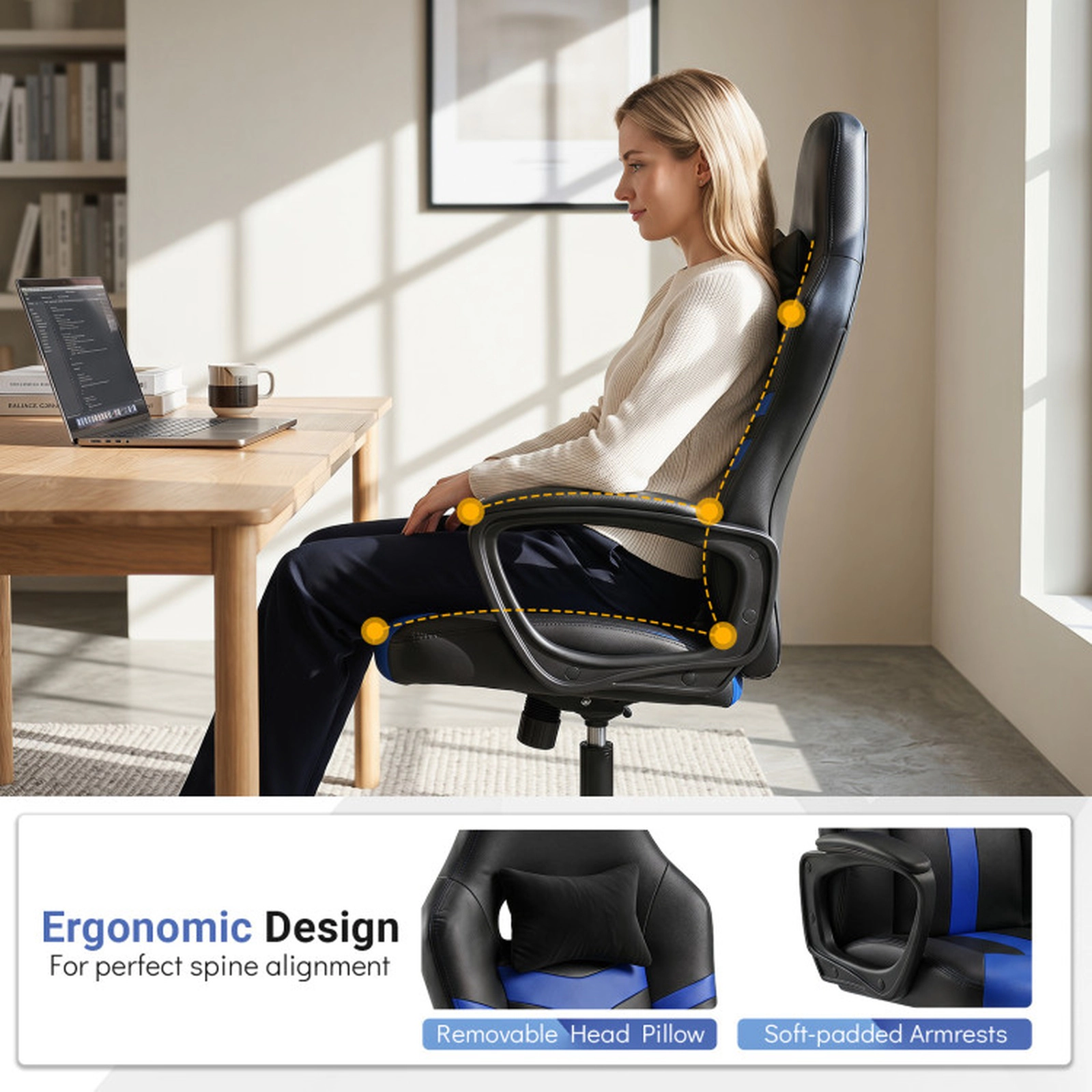 SUGIFT Blue Removable Head Pillow and Rocking Function Faux Leather Office Chair