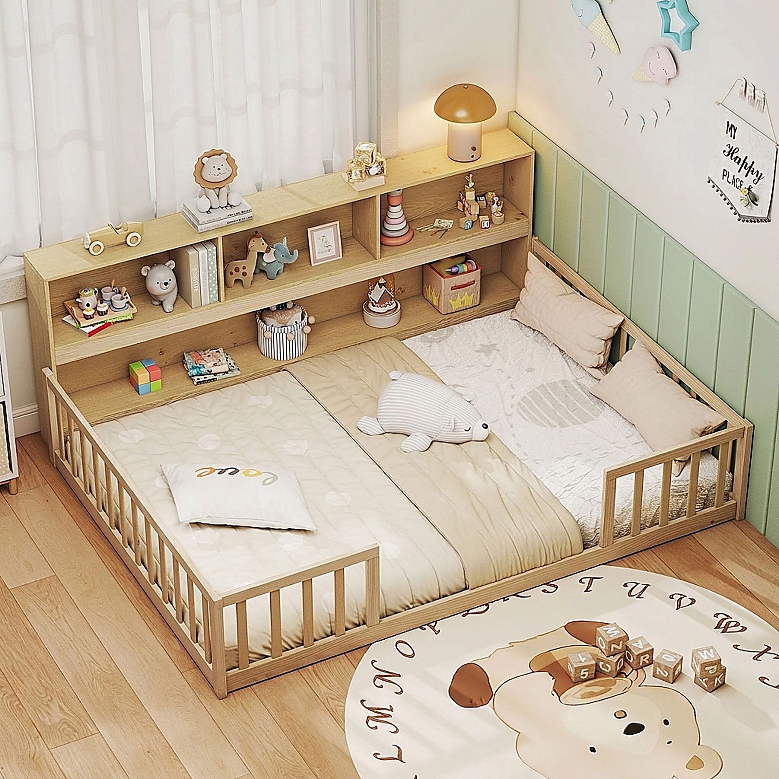SUGIFT Integrated Bookcase and Full-Length Guardrails Pine Wood Full Kids Montessori Floor Bed