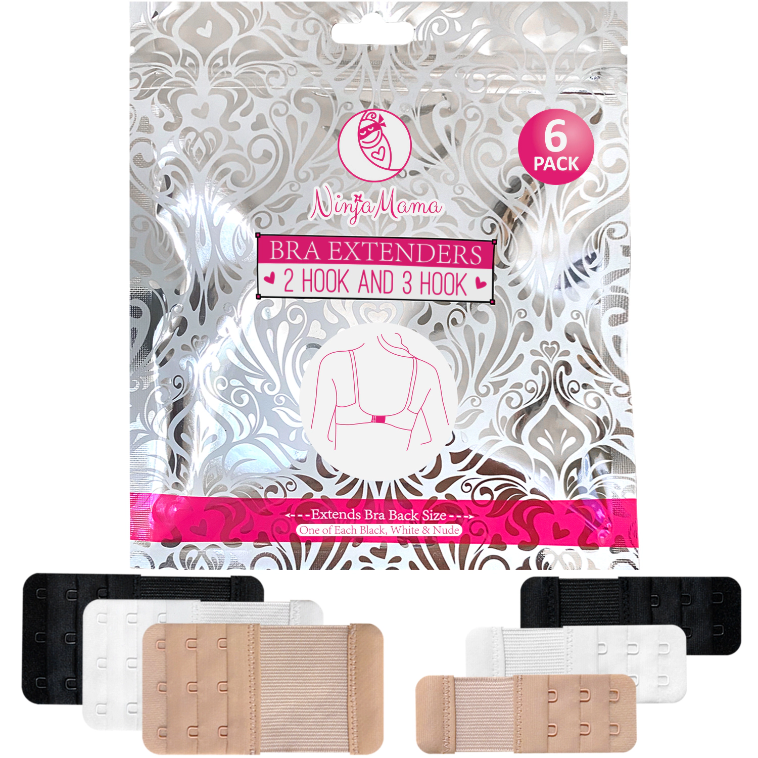 Ninja Mama Women's Bra Extenders Pack of 6 - Black White Nude