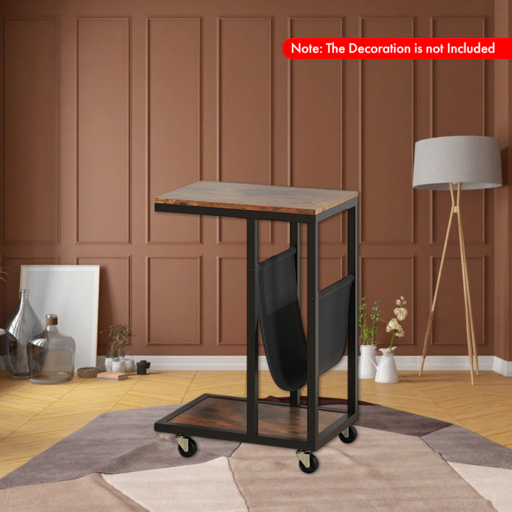 Hivvago Modern C-Shaped Side Table with Metal Frame and Fabric Storage Holder
