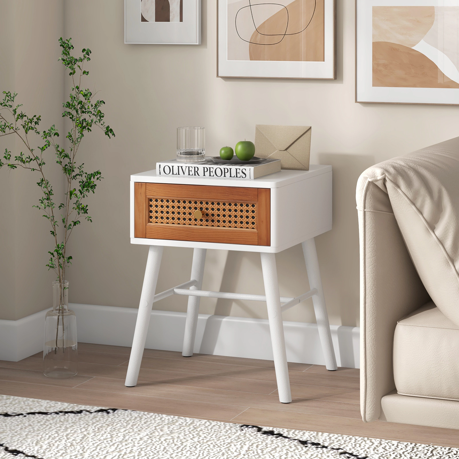 SUGIFT Rattan Drawer Mid Century Nightstand Accent Table 110-lb Tabletop Capacity White + Brown