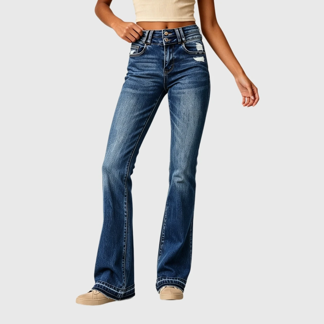 YesFashion Women High Waisted Distressed Bootcut Jeans Zip Slim \Double Button Flare Denim Pants