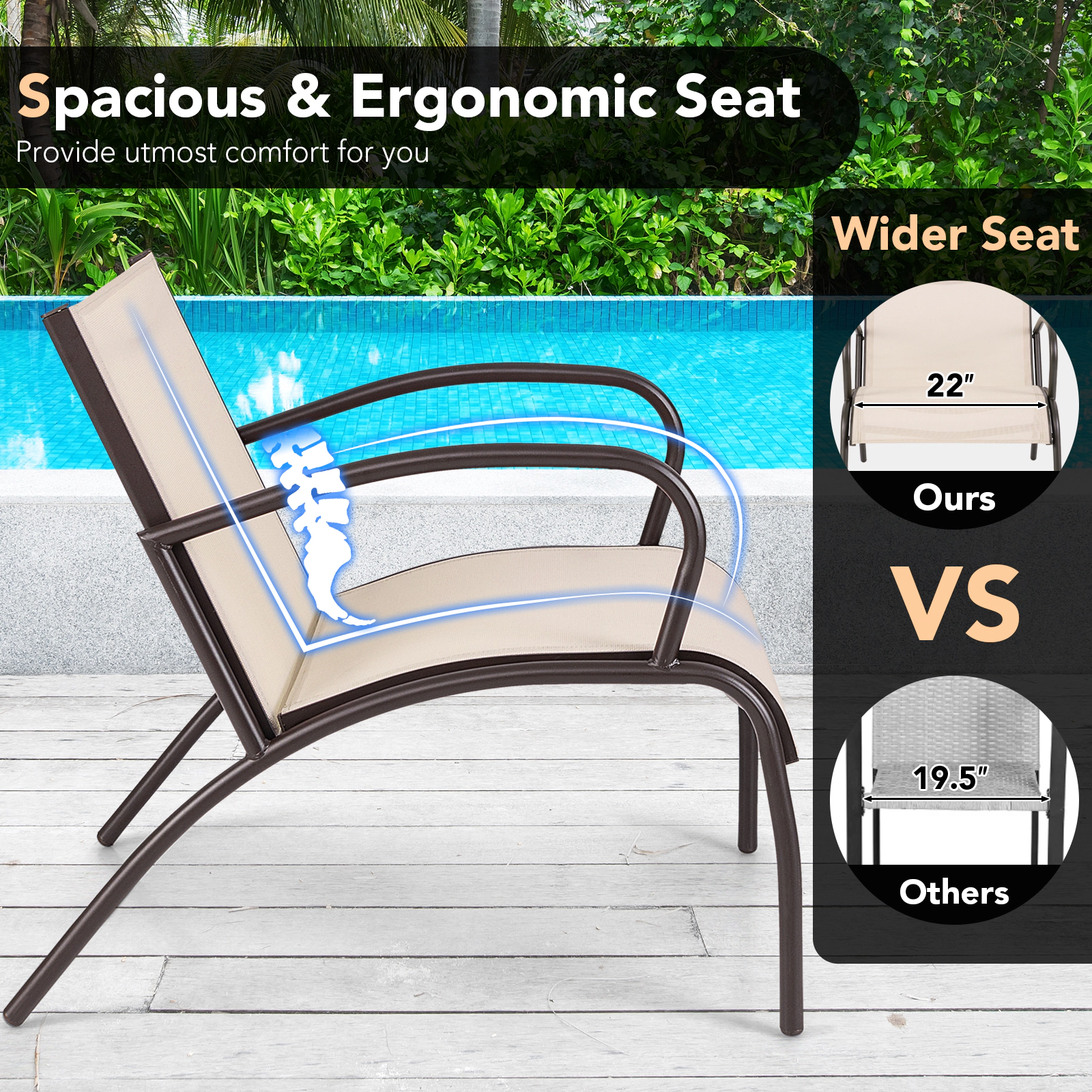 SUGIFT 3 Piece Patio Aluminum Wide Armchair and Coffee Table Conversation Set 400-lb Chair Capacity Black Light Brown