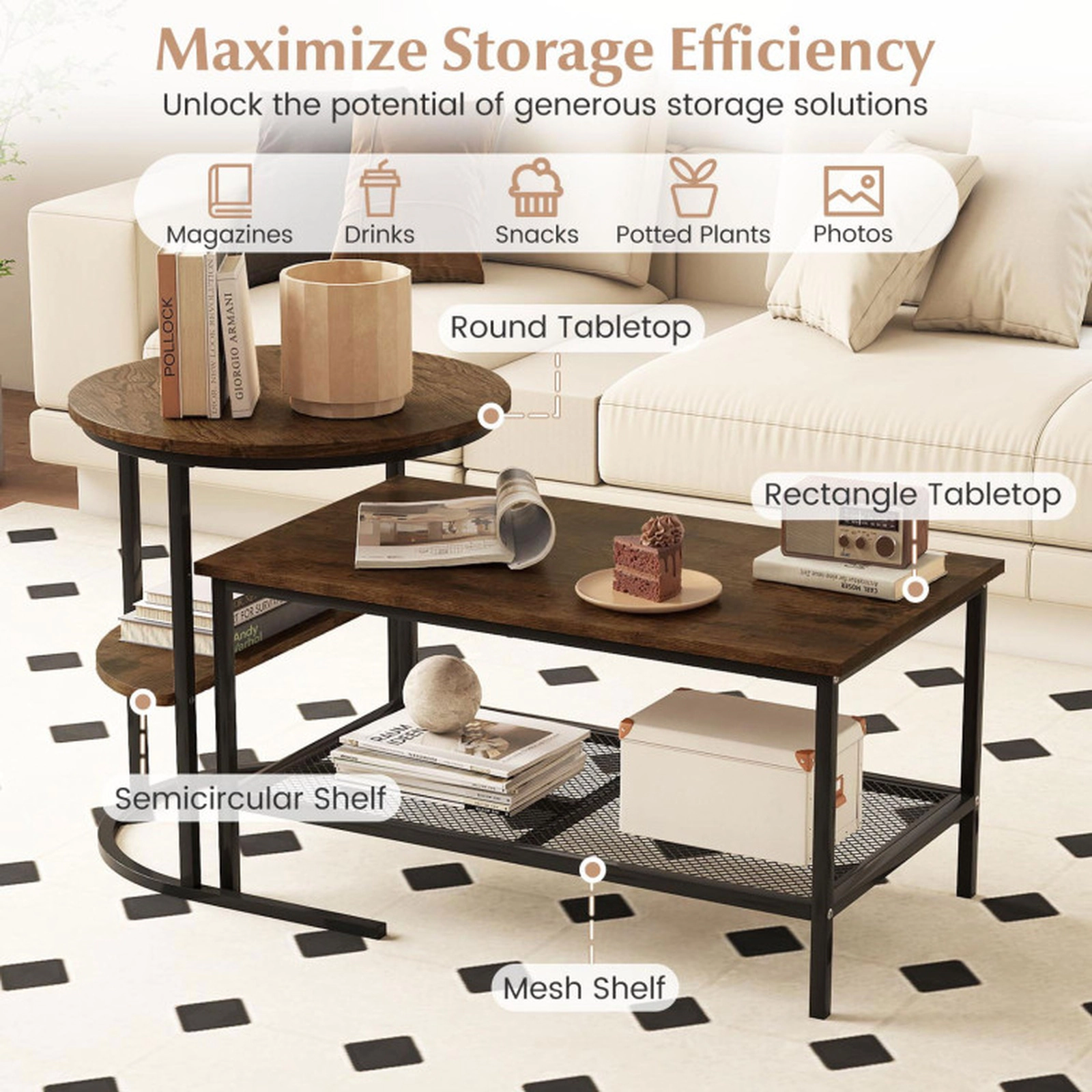 SUGIFT Set of 2 100-lb Capacity 2-Tier Rectangle Coffee Table and Round Side End Table with Mesh Shelf