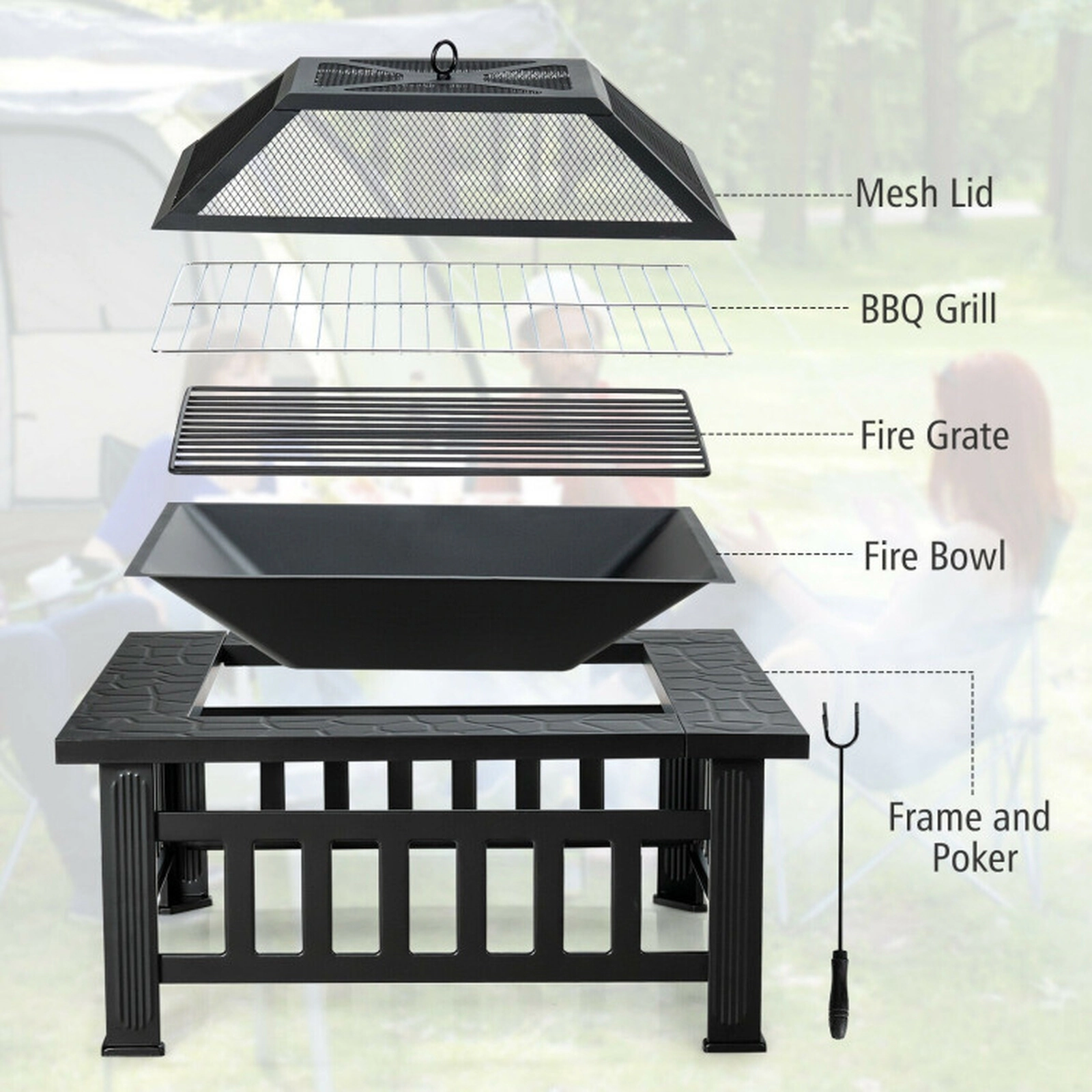 SUGIFT 32-Inch Square Wood-Burning Fire Pit Table with Grill Grate and Cover Black