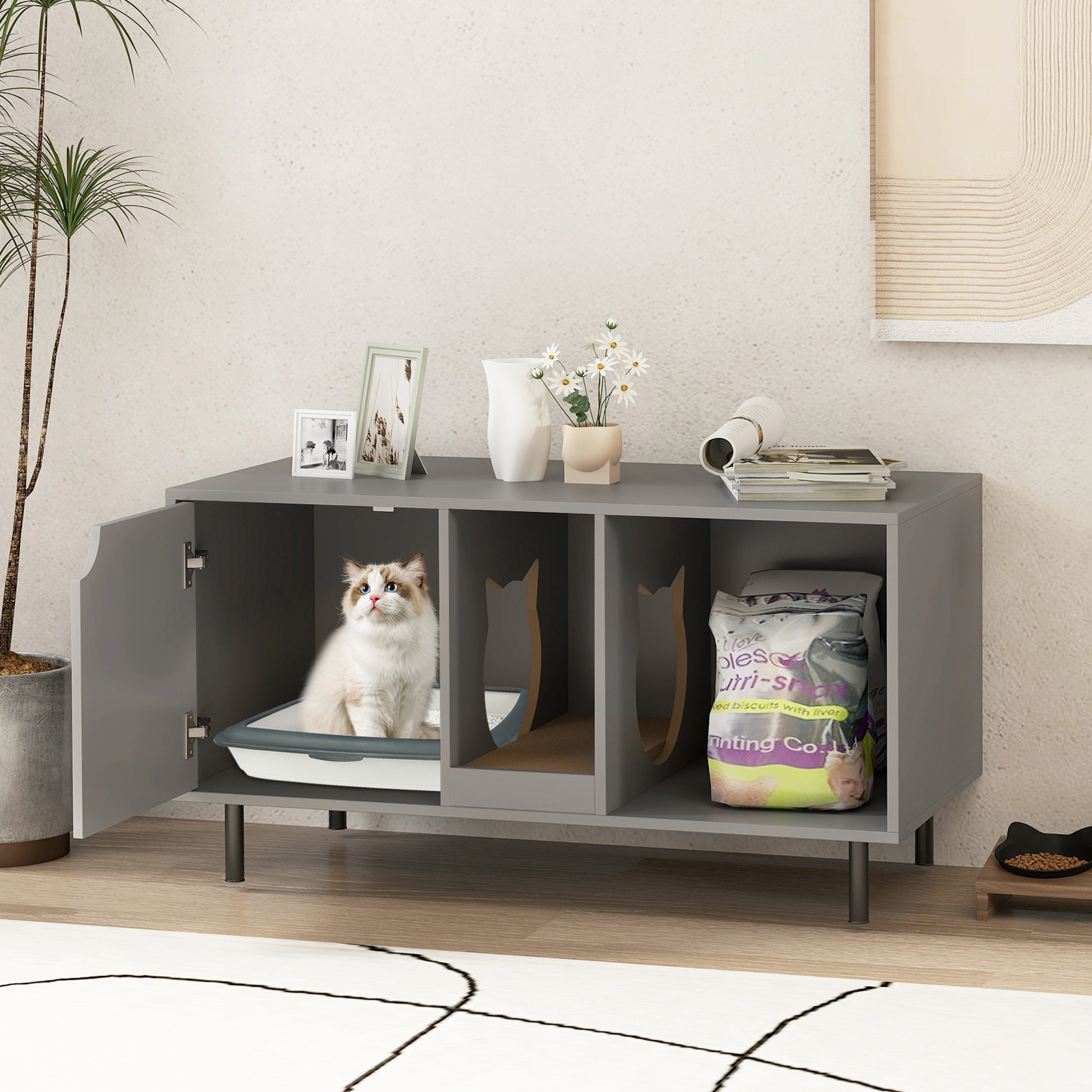 SUGIFT 40-in Cat Litter Box Enclosure Hidden Cat Washroom with Scratching Board for 2 Cats Black/White