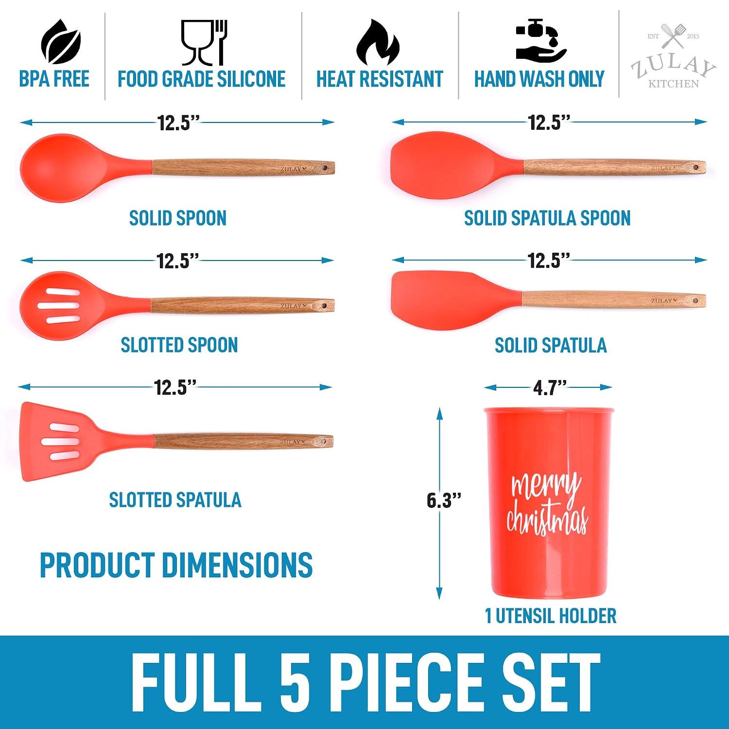 Zulay Kitchen Non-Stick Silicone & Acacia Wood 5-Piece Cooking Utensil Set with Holder