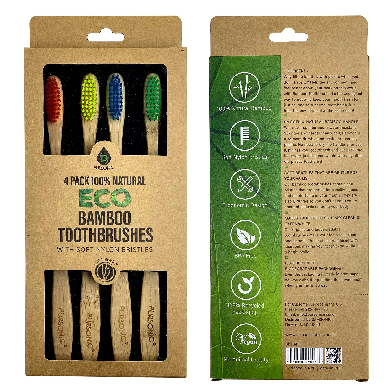 Pursonic Unisex 100% Natural Eco Bamboo Toothbrushes – 4 Pack