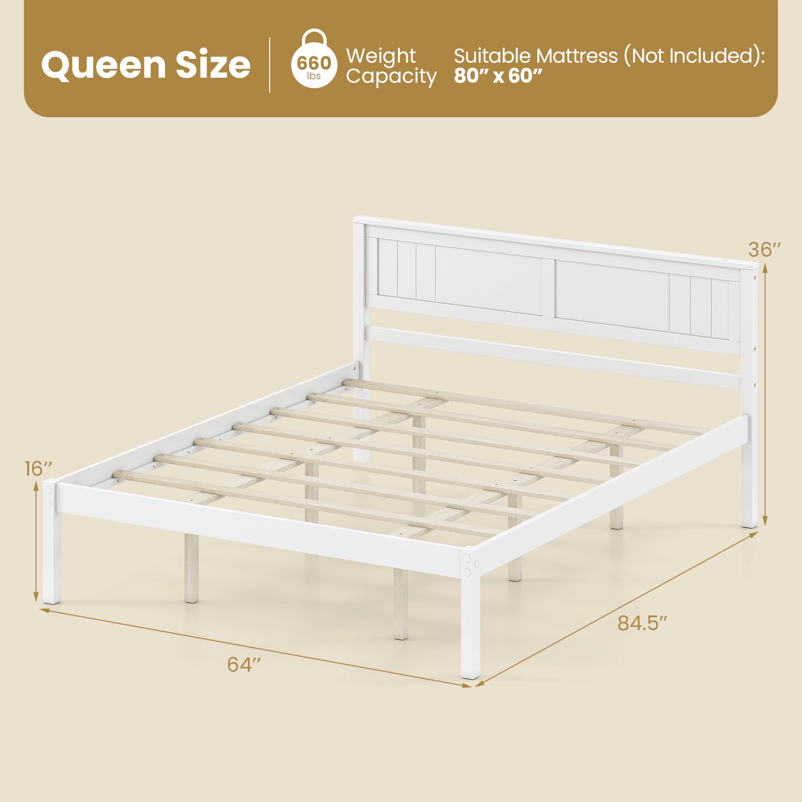 SUGIFT Queen Wooden Platform Bed Frame with Panel Headboard, Natural Finish