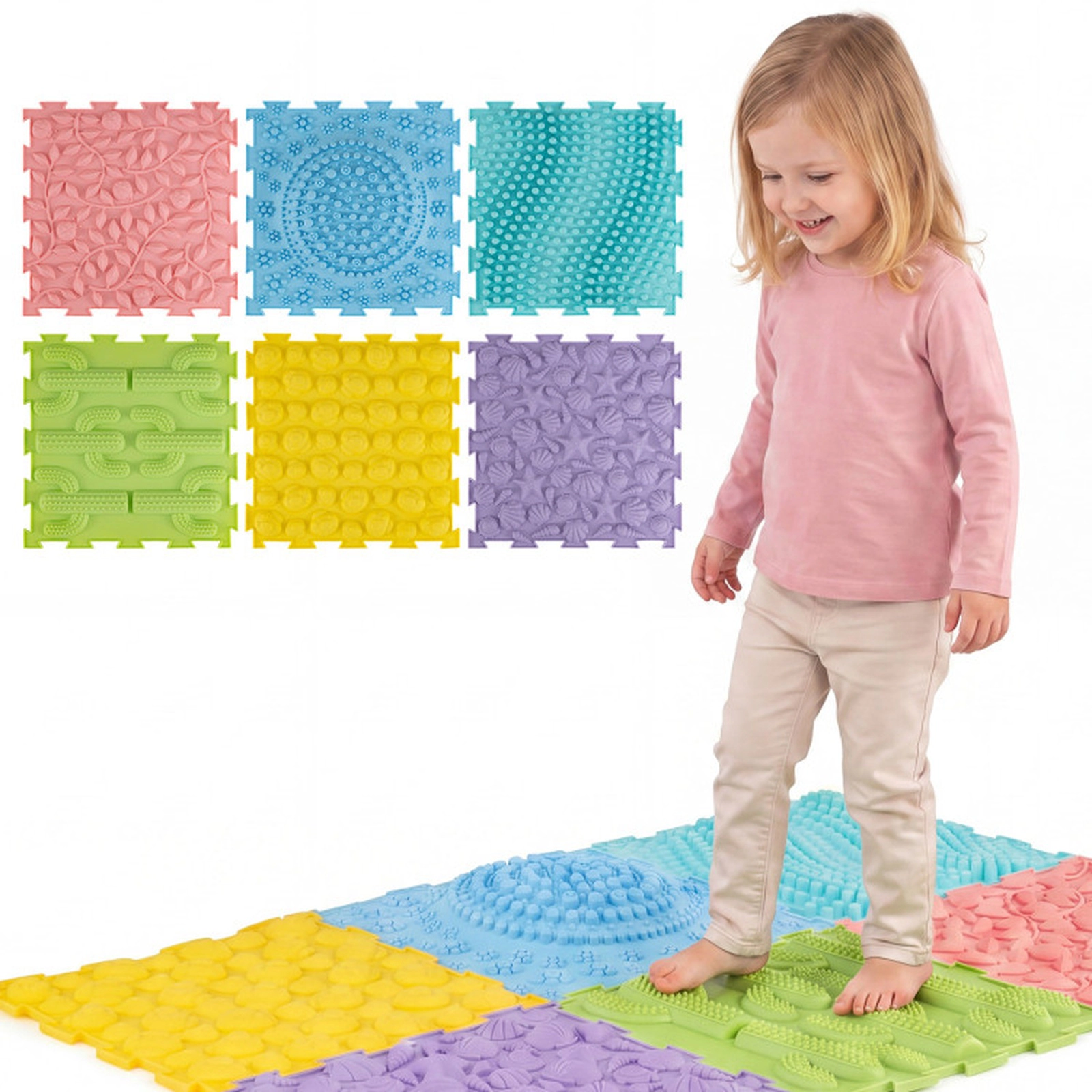 SUGIFT 6-Piece Interlocking TPE Sensory Mats Set 12 x 12-in Textured Tiles Ages 3+ Anti-Slip Multi-colored