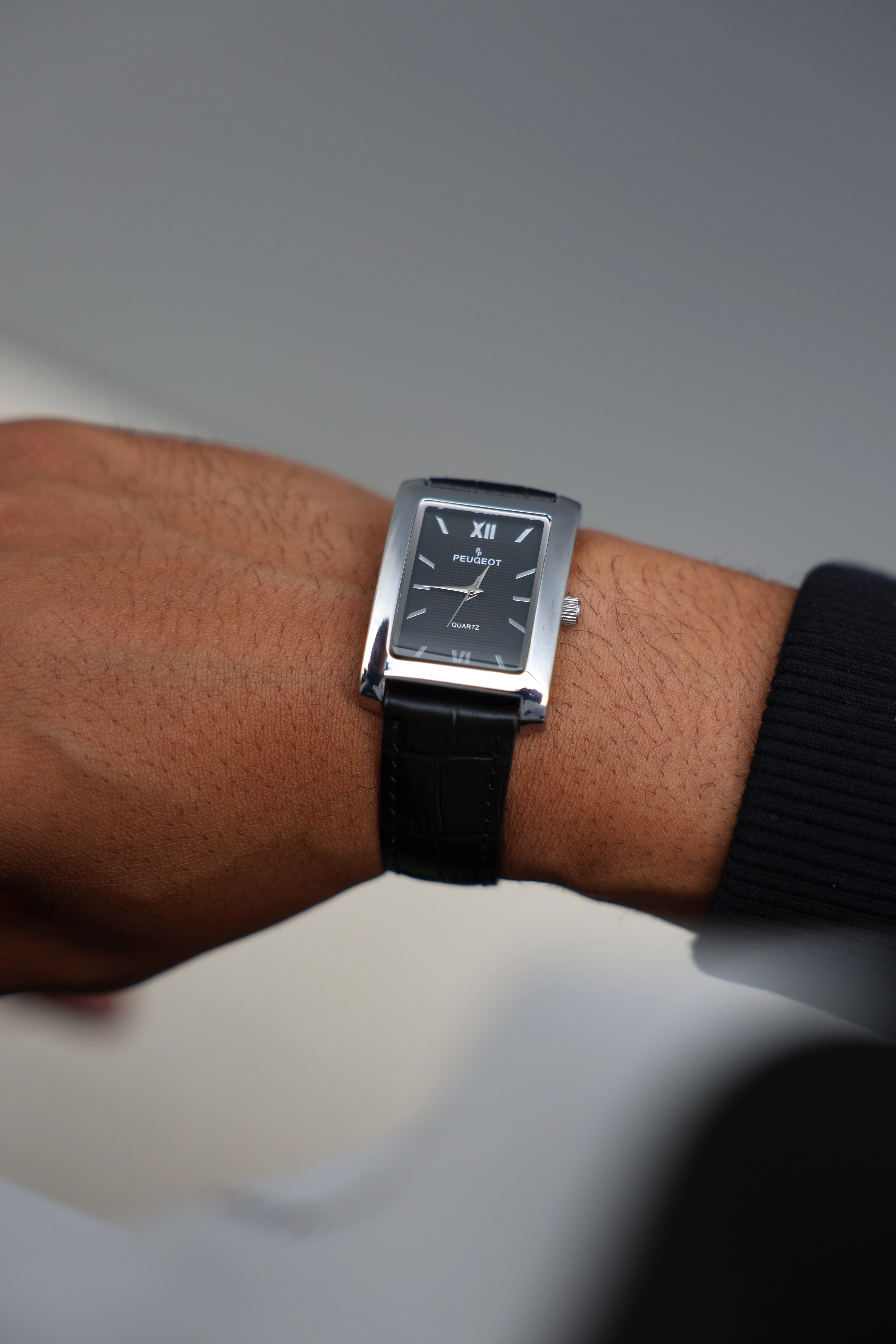 Peugeot Men's 30X40mm Silver Tank Shape Watch with Black Dial and Black Leather Strap
