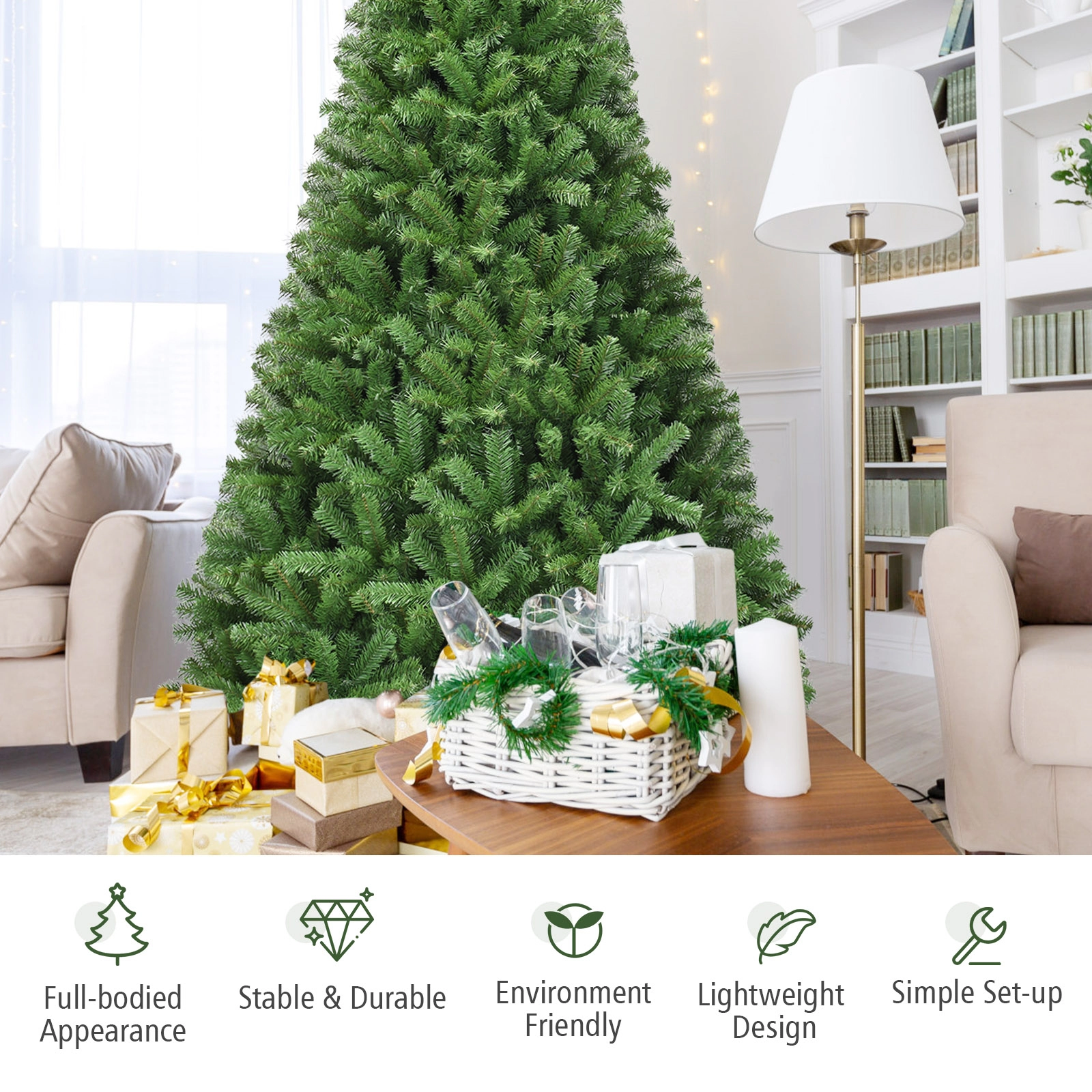 SUGIFT Hinged Artificial Christmas Tree 9-ft Tall 2132-Tip Green with Metal Stand