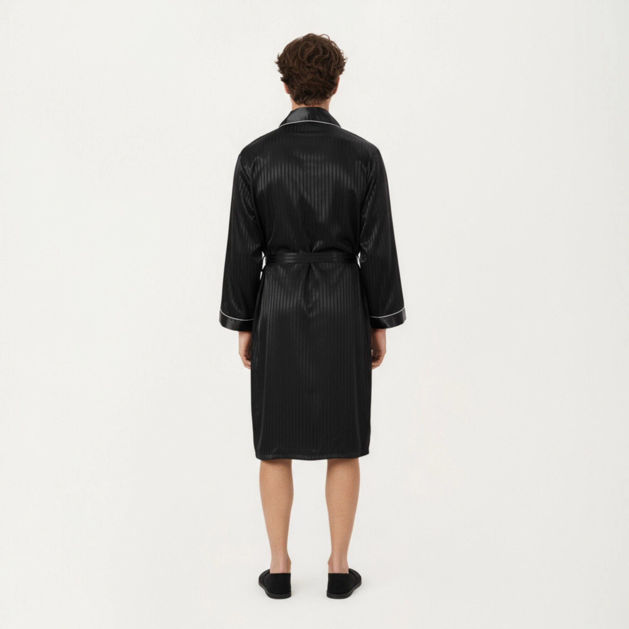Anna-Kaci Men's Satin Robe with Subtle Stripe Texture Contrast Trim and Waist Tie