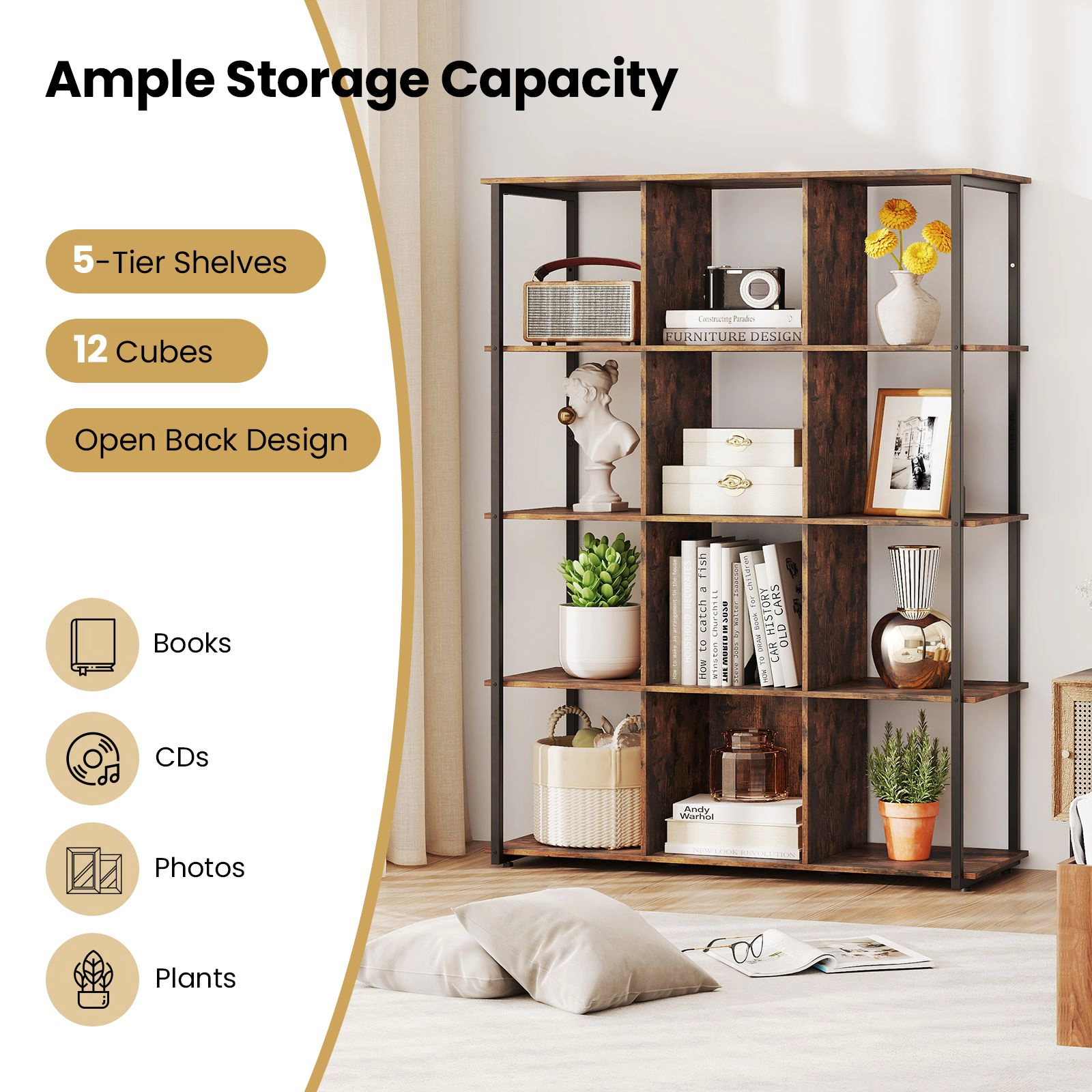 SlickBlue Unisex Rustic 12-Cube 5-Tier Industrial Storage Bookshelf