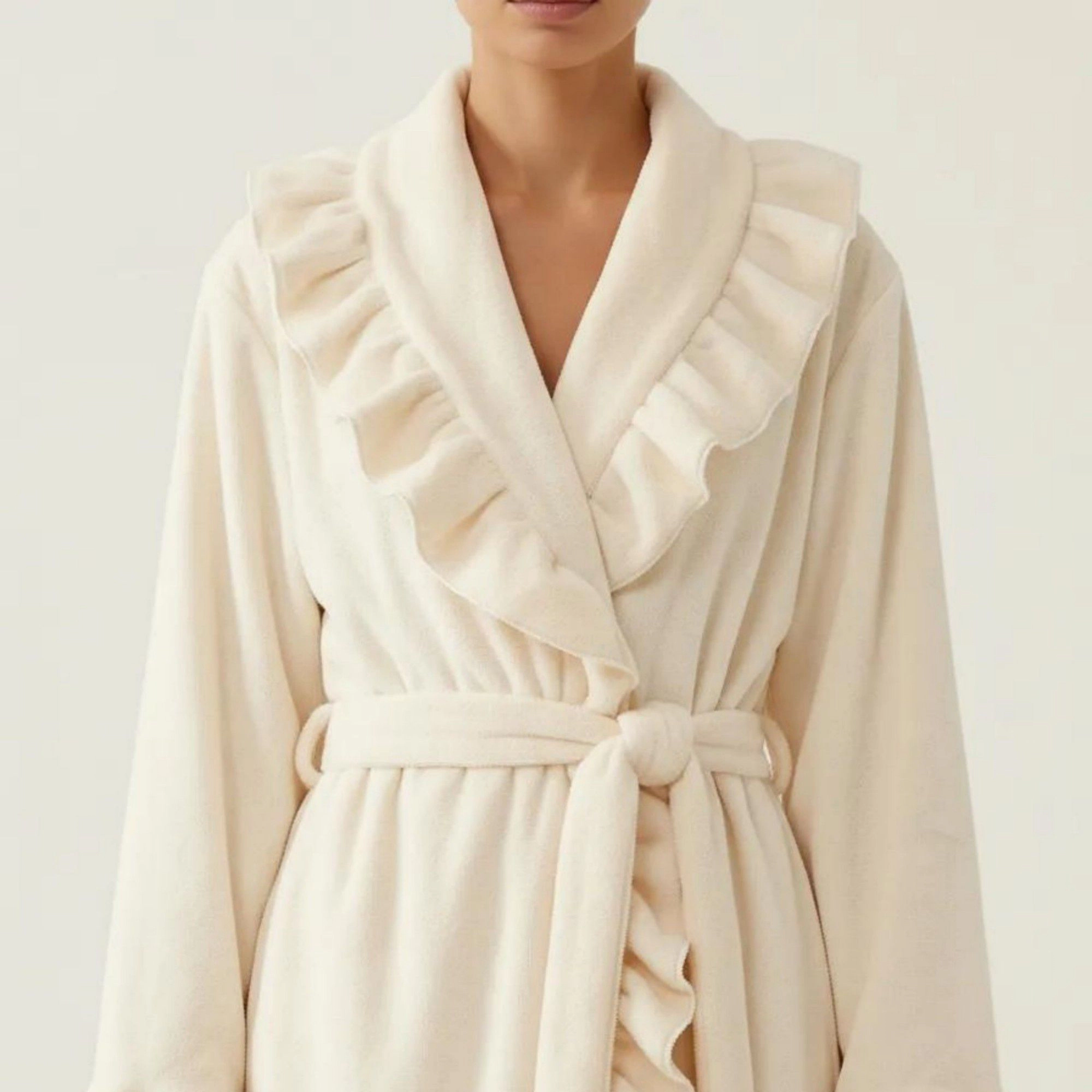 Anna-Kaci Women's Long Sleeve Wrap Robe with Ruffle Trim Shawl Collar Tie Waist Belt Soft Lightweight Full Length