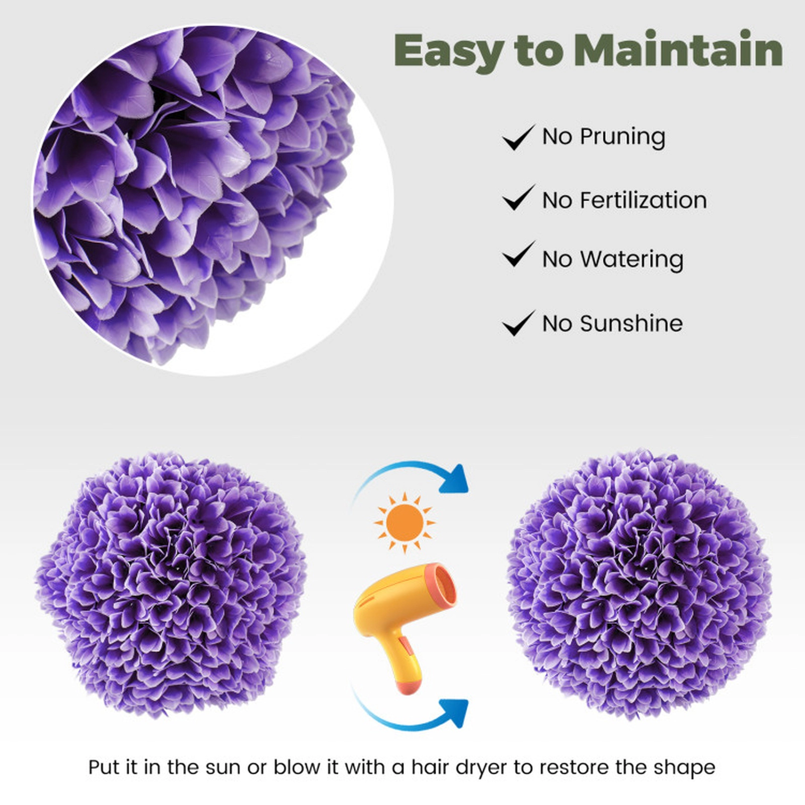 SUGIFT 2-Piece Myrtle Leaf Interlocking Shell Artificial Boxwood Topiary Balls 11-in Outer 7.5-in Inner 2-lb Purple