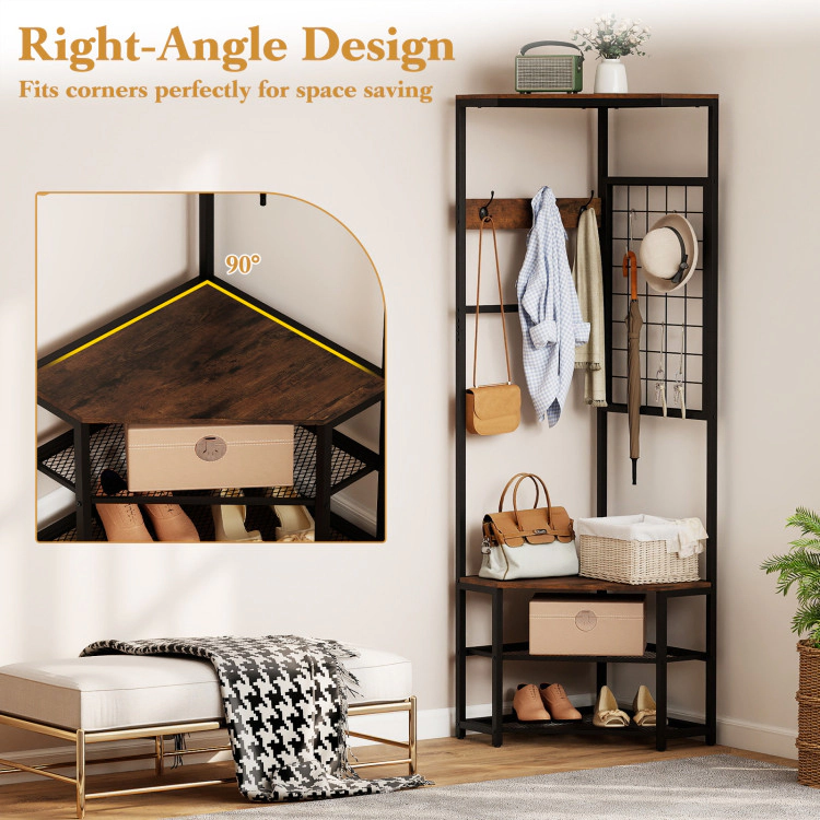 Hivvago Corner Hall Tree Freestanding Coat Rack with Storage Shelves Removable Hooks