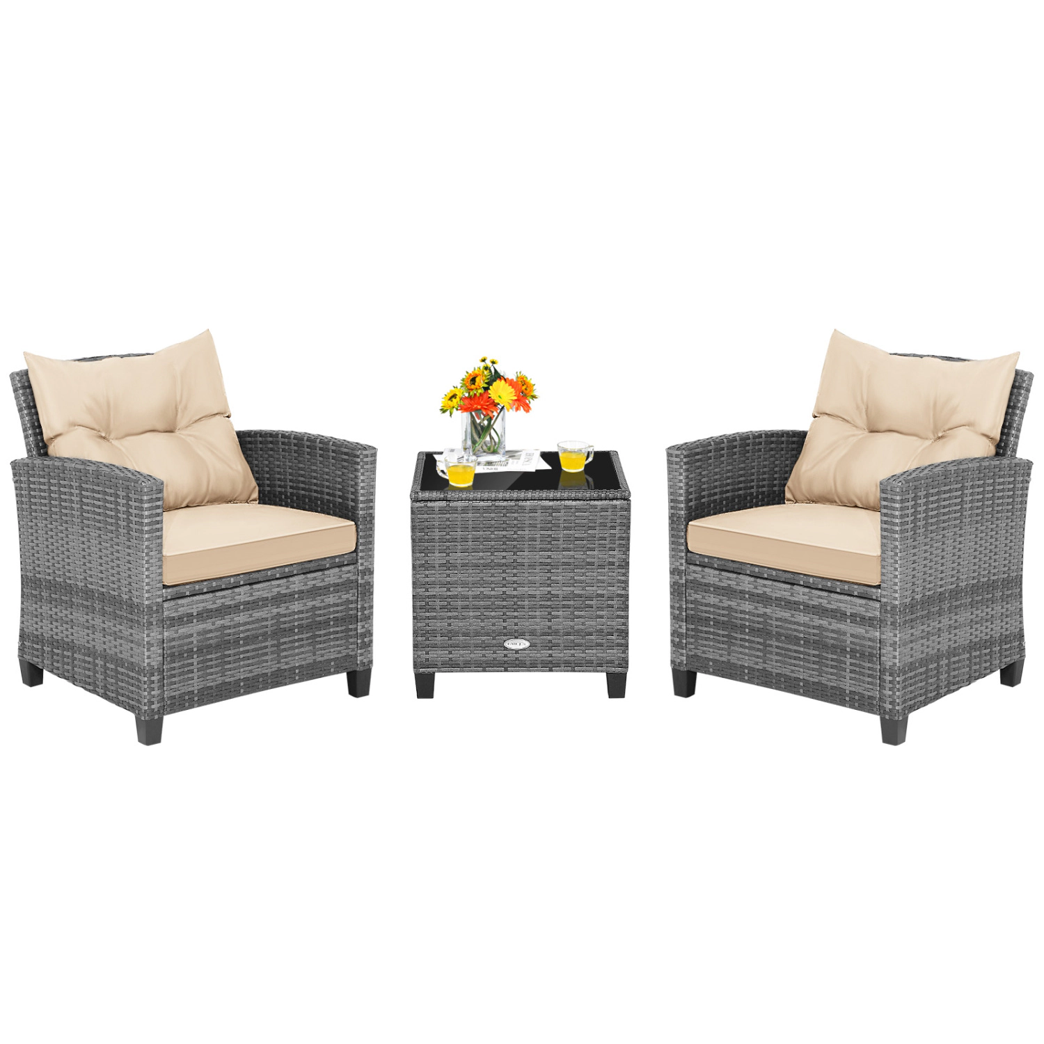 LJG 3 Pieces Outdoor Wicker Conversation Set with Tempered Glass Tabletop
