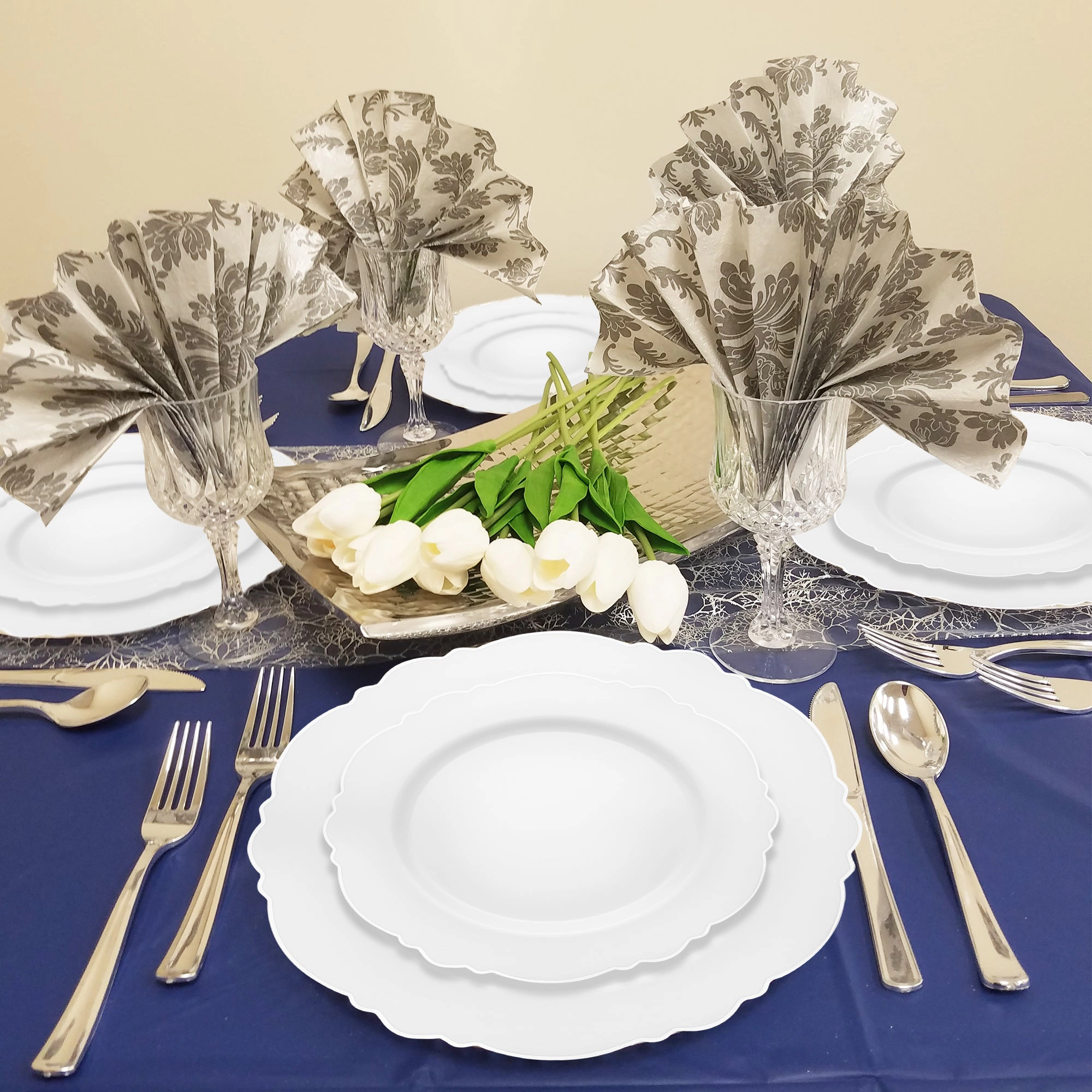 Smarty Had A Party White with Silver Rim Round Blossom Disposable Plastic Wedding Value Set