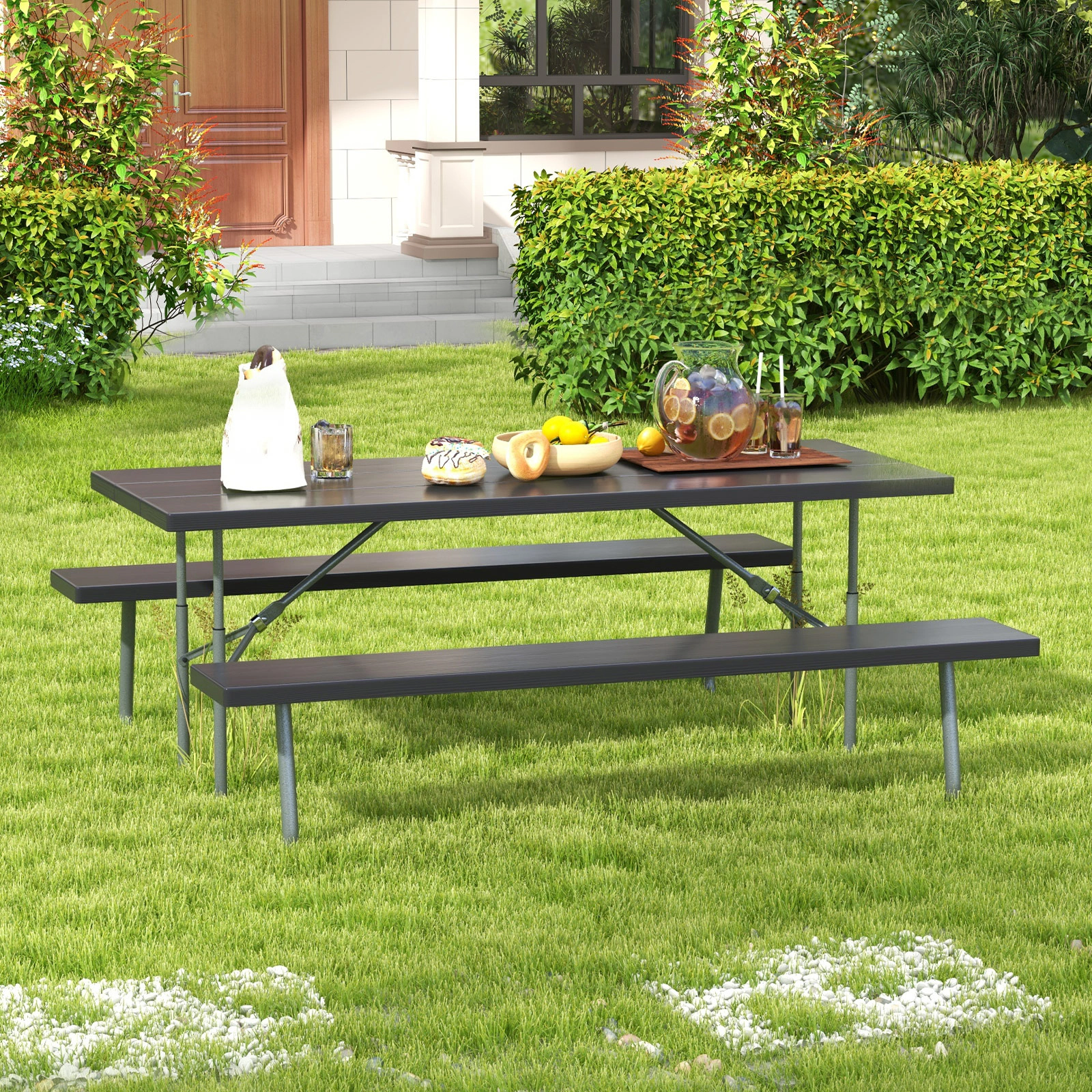 Hivvago Folding Picnic Table Set With Metal Frame And All-Weather Hdpe Tabletop  Umbrella Hole
