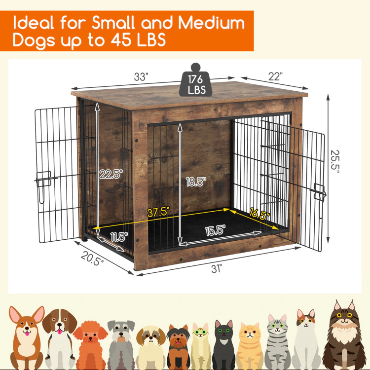 SUGIFT Dog Crate Furniture Rustic Brown with Cushion Double Doors and 176 lb Tabletop