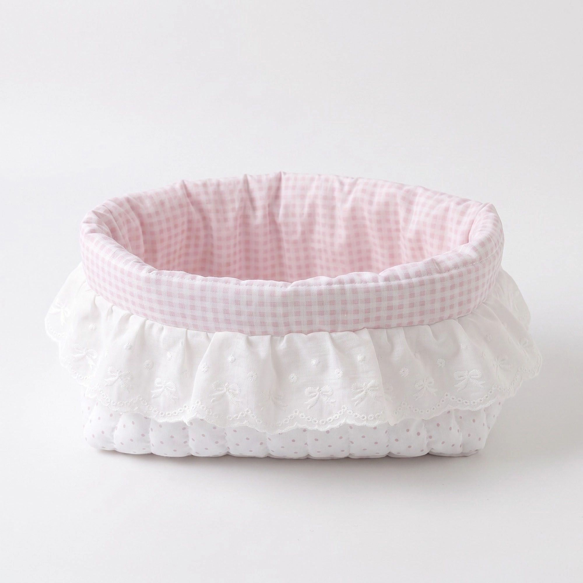 Alilang Women Gingham Polka Dot Quilted Storage Basket with Lace Eyelet Ruffle