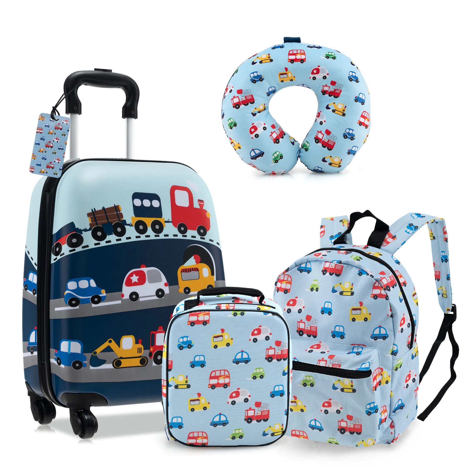 SUGIFT Blue 5-Piece Kids Luggage Set with Rolling Suitcase Backpack Lunch Bag Neck Pillow and Name Tag