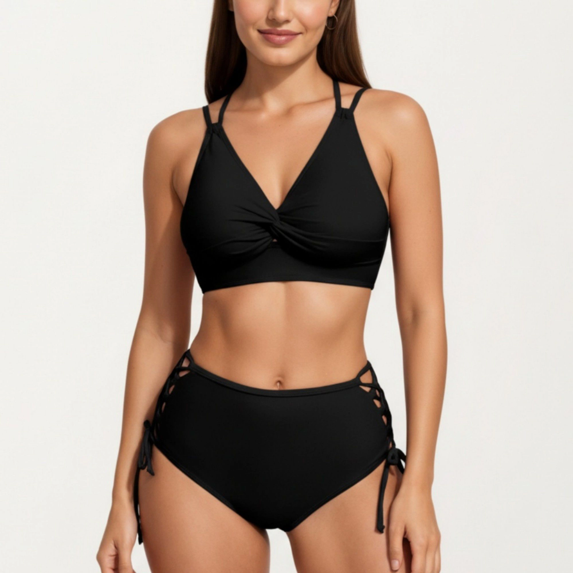 Anna-Kaci Women’s Twist Front V-Neck Bikini Set High Waisted