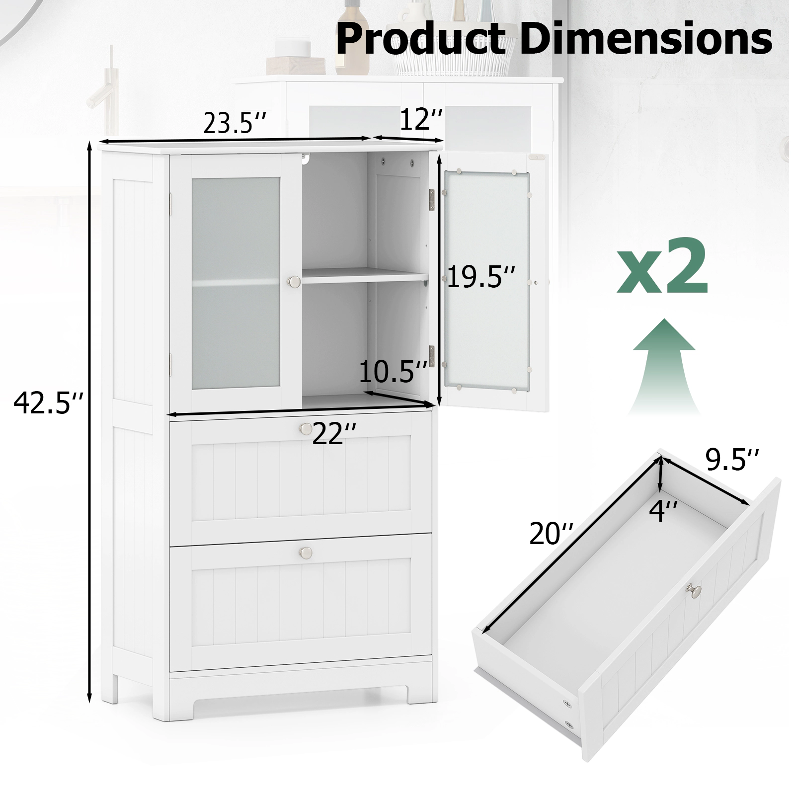 Slickblue White Glass Door Floor Storage Cabinet 2 Drawers Engineered Wood Countertop