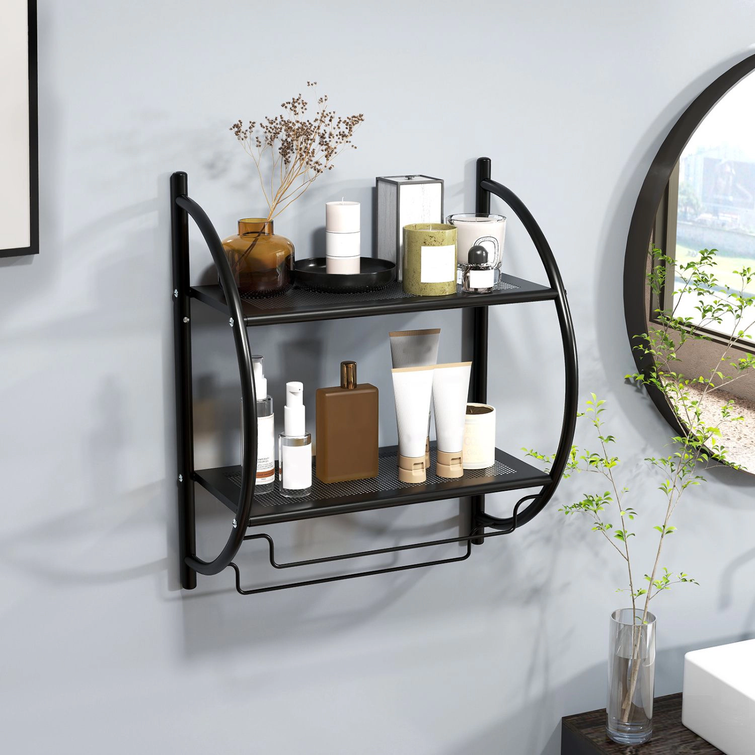 SlickBlue 2-Tier Bathroom Wall Shelf with Towel Bars and Mesh Storage