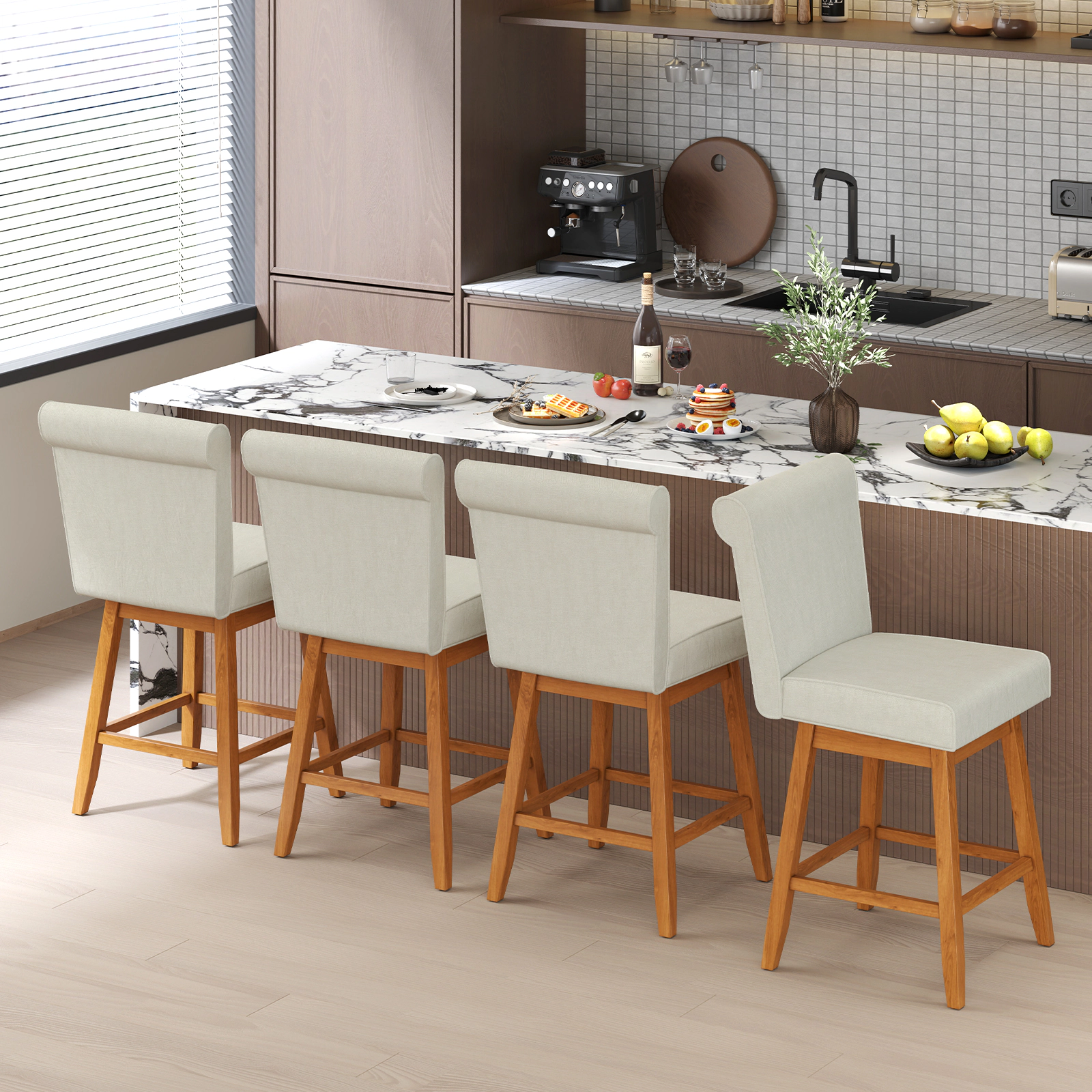 SUGIFT Set of 2 Beige 27-Inch Counter-Height Swivel Bar Stools, Linen Upholstery, 5-Inch Cushion