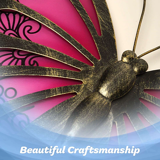 G128 Hand-Painted Pink Butterfly Metal Wall Art - 12 x 9 in Indoor Outdoor Wall Hanging