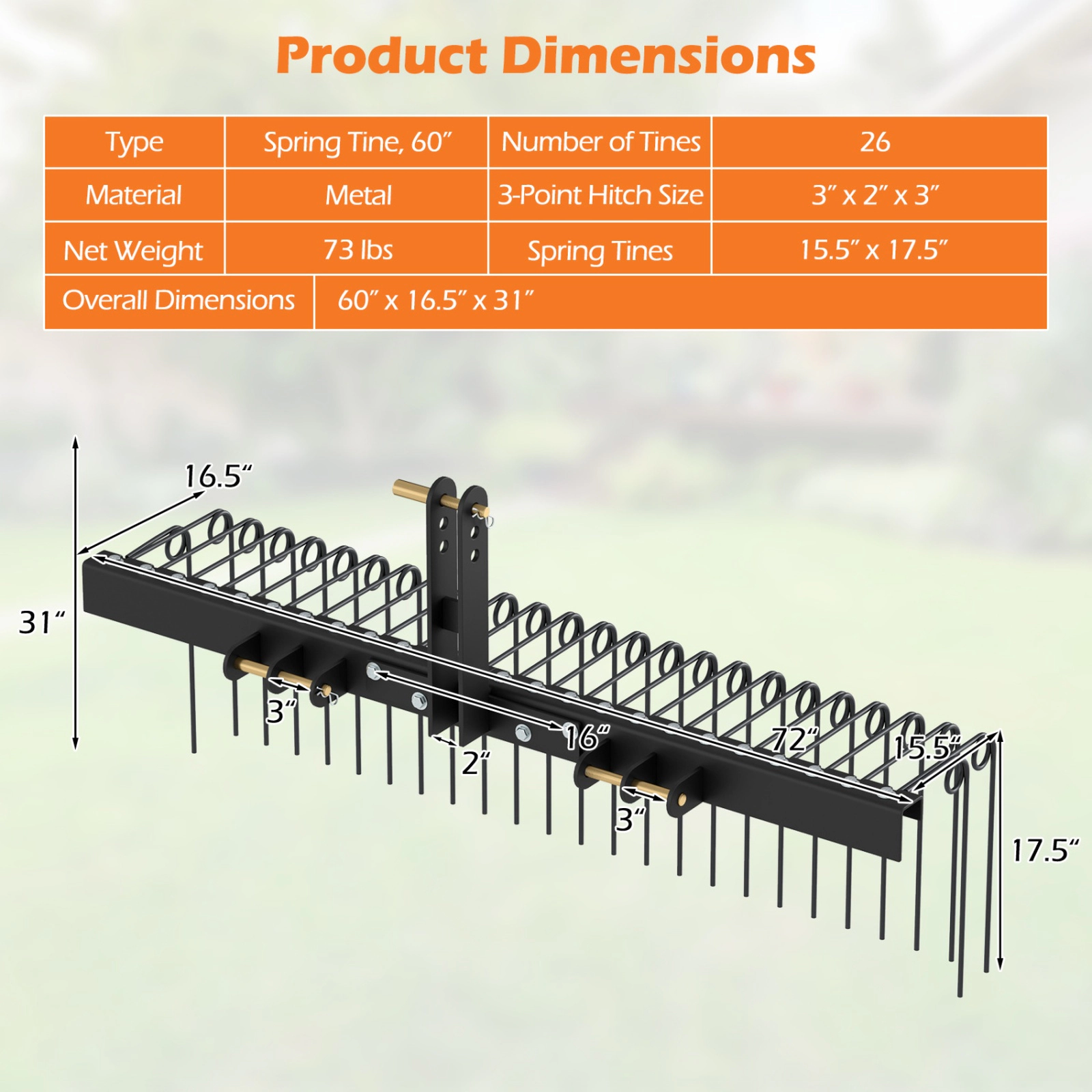 SUGIFT 60-in Tow Behind Pine Straw Rake with 26 Metal Coil Tines 3-Point Hitch and 3-Level Height Adjustment